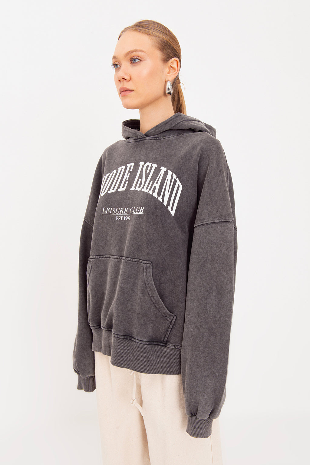 Yıkamalı Baskılı  Kapüşonlu Oversize Sweatshirt