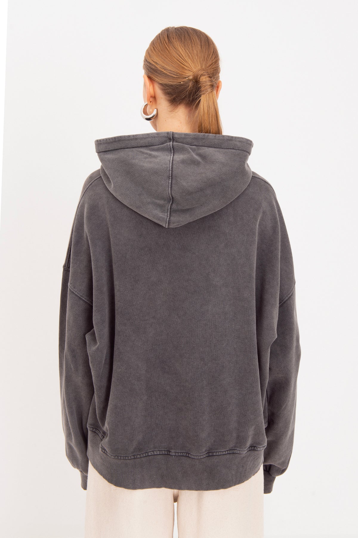 Yıkamalı Baskılı  Kapüşonlu Oversize Sweatshirt