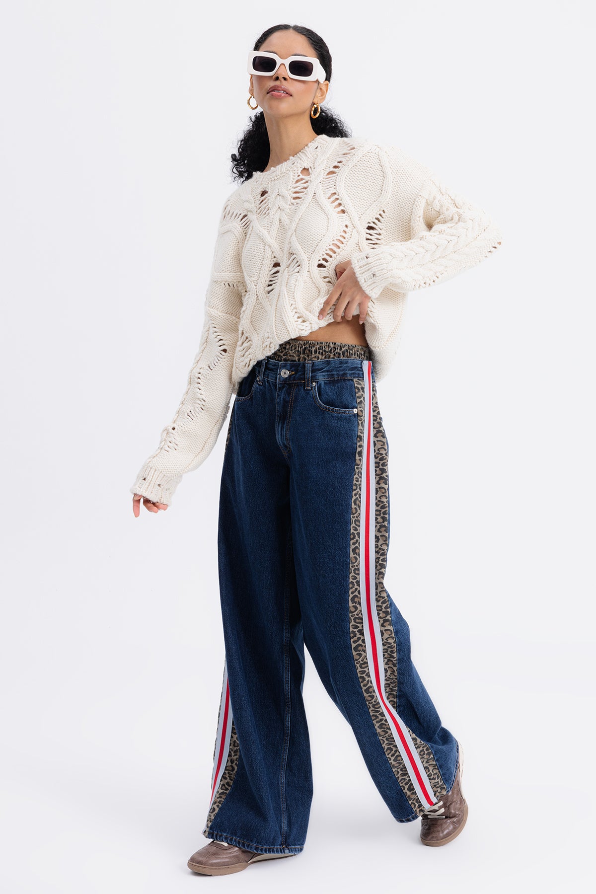 Boxer Detaylı Yan Şeritli Denim Pantolon