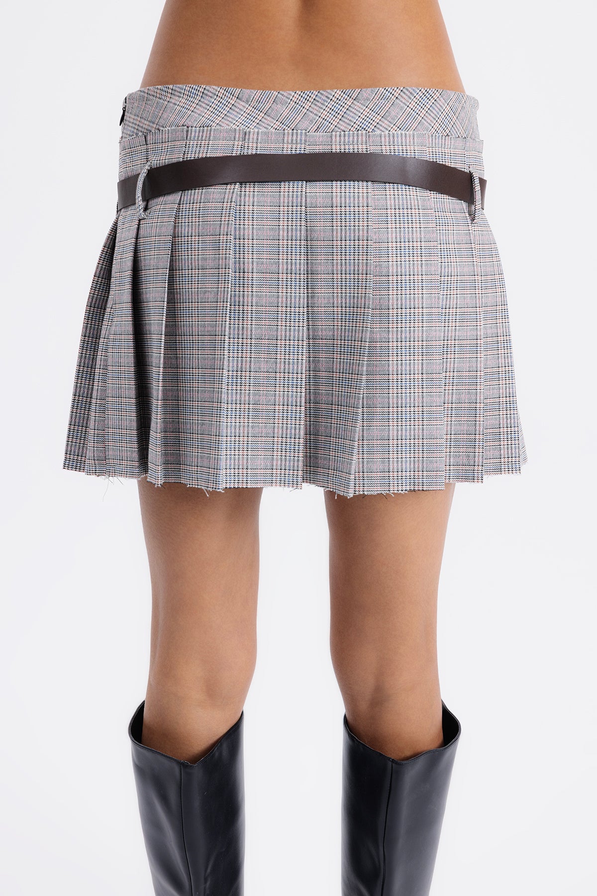 Kemerli Duble Pilili Mini Etek