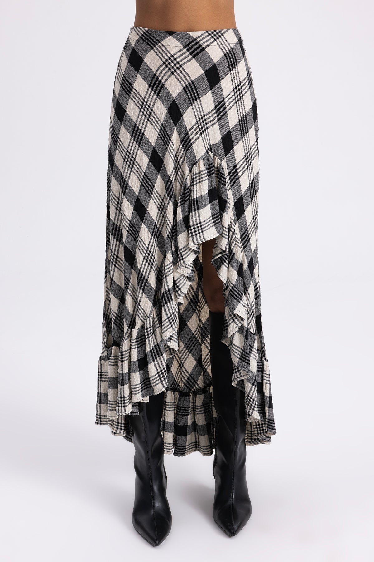 Plaid Asymmetric Ruffled Midi Skirt