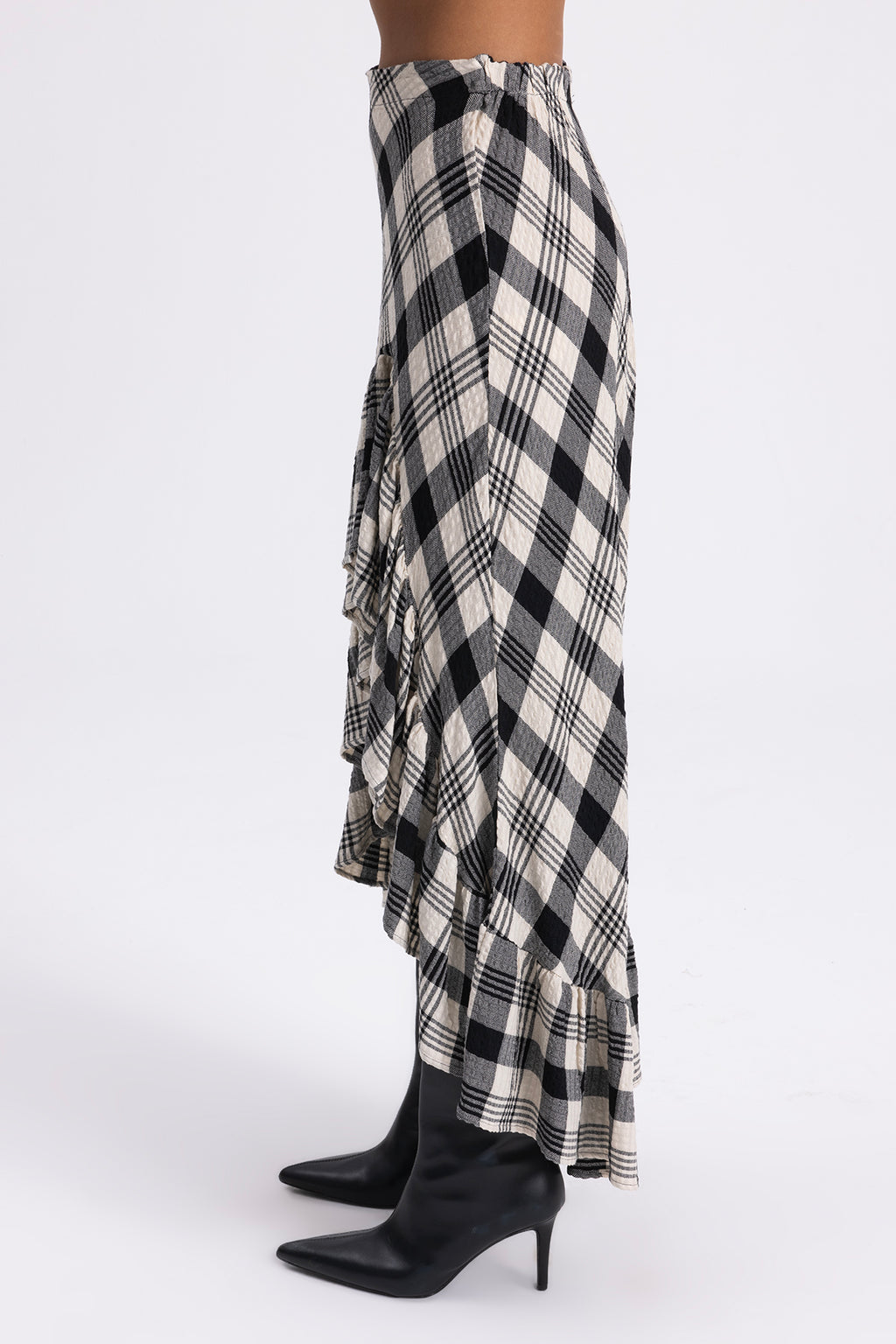 Plaid Asymmetric Ruffled Midi Skirt