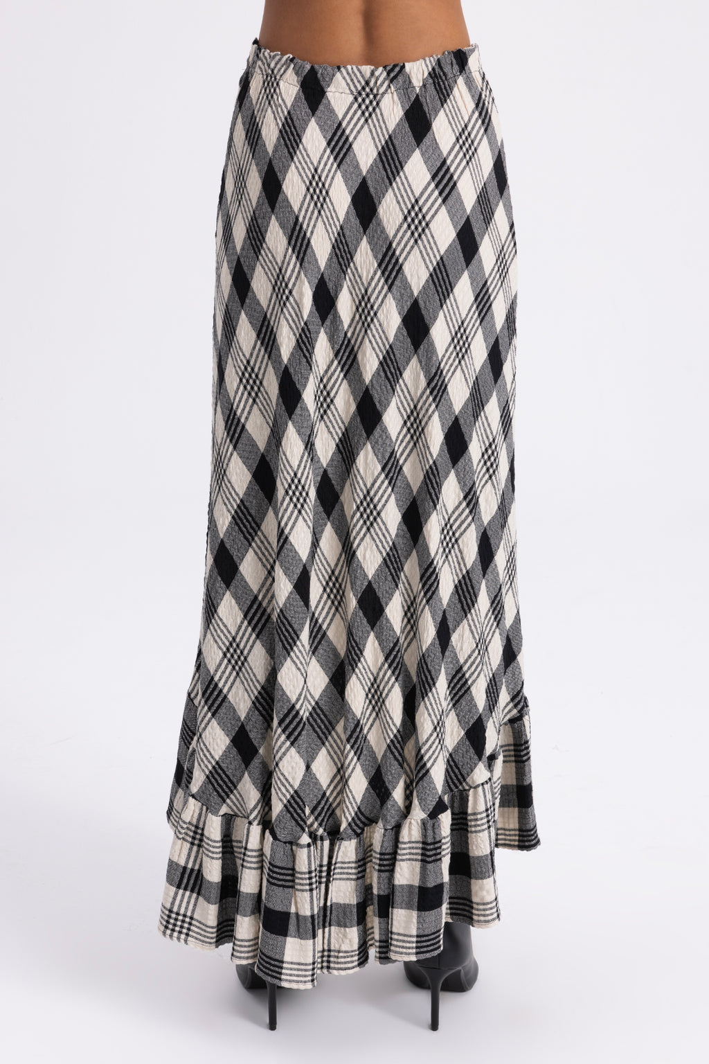Plaid Asymmetric Ruffled Midi Skirt