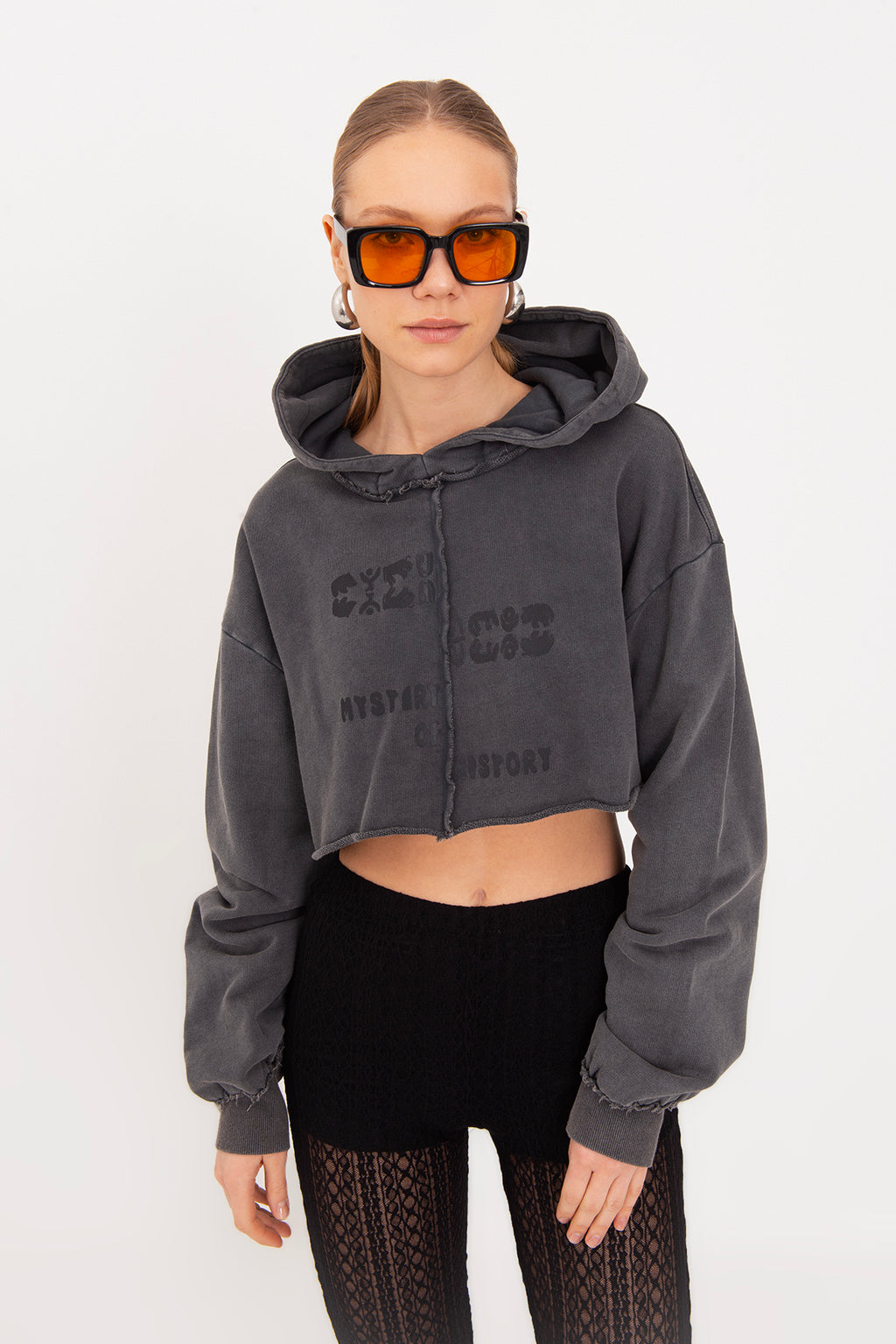 Kapişonlu Baskılı Crop  Sweatshirt
