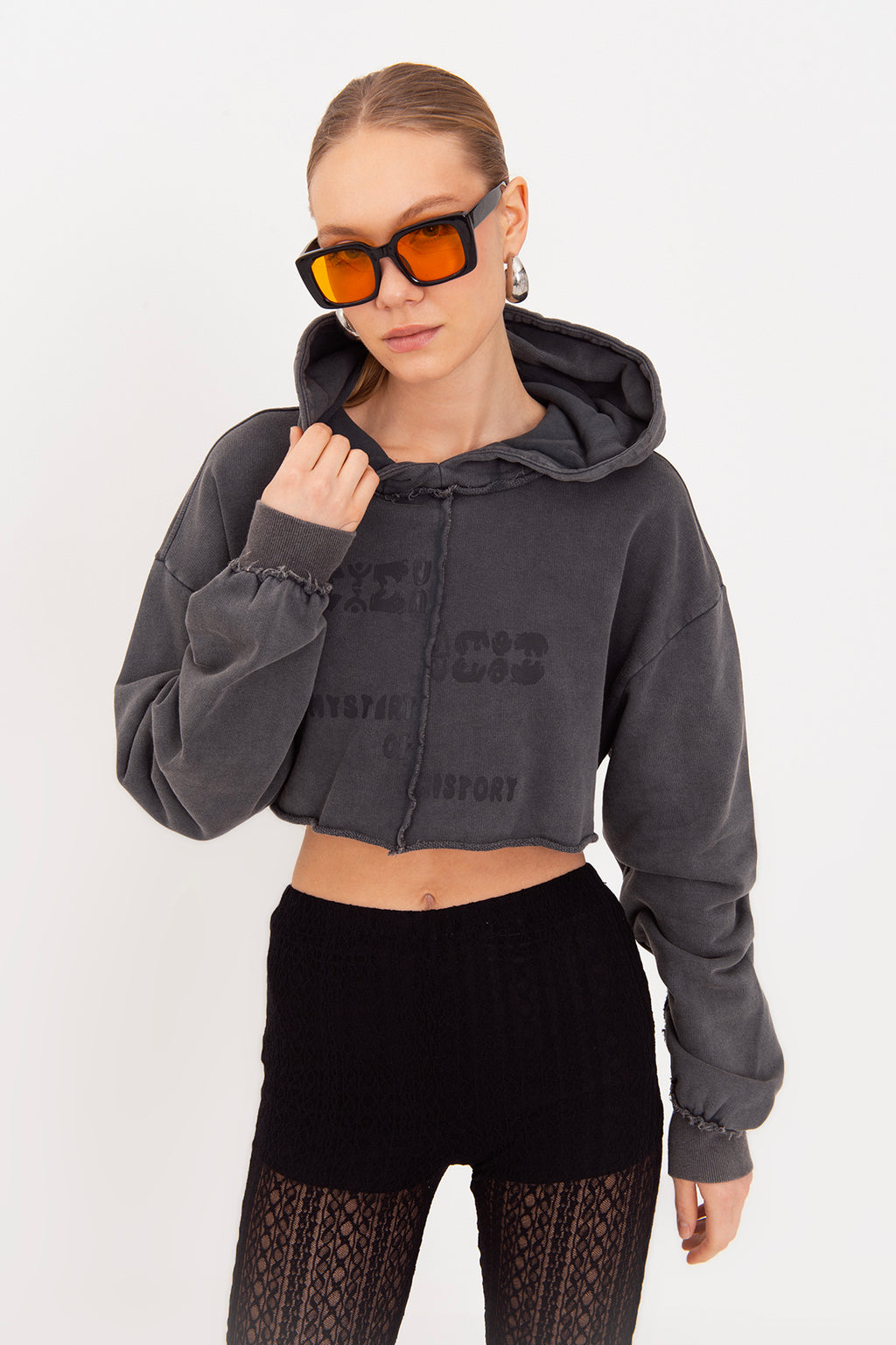 Kapişonlu Baskılı Crop  Sweatshirt