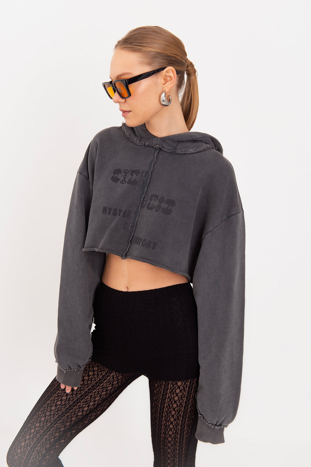 Kapişonlu Baskılı Crop  Sweatshirt