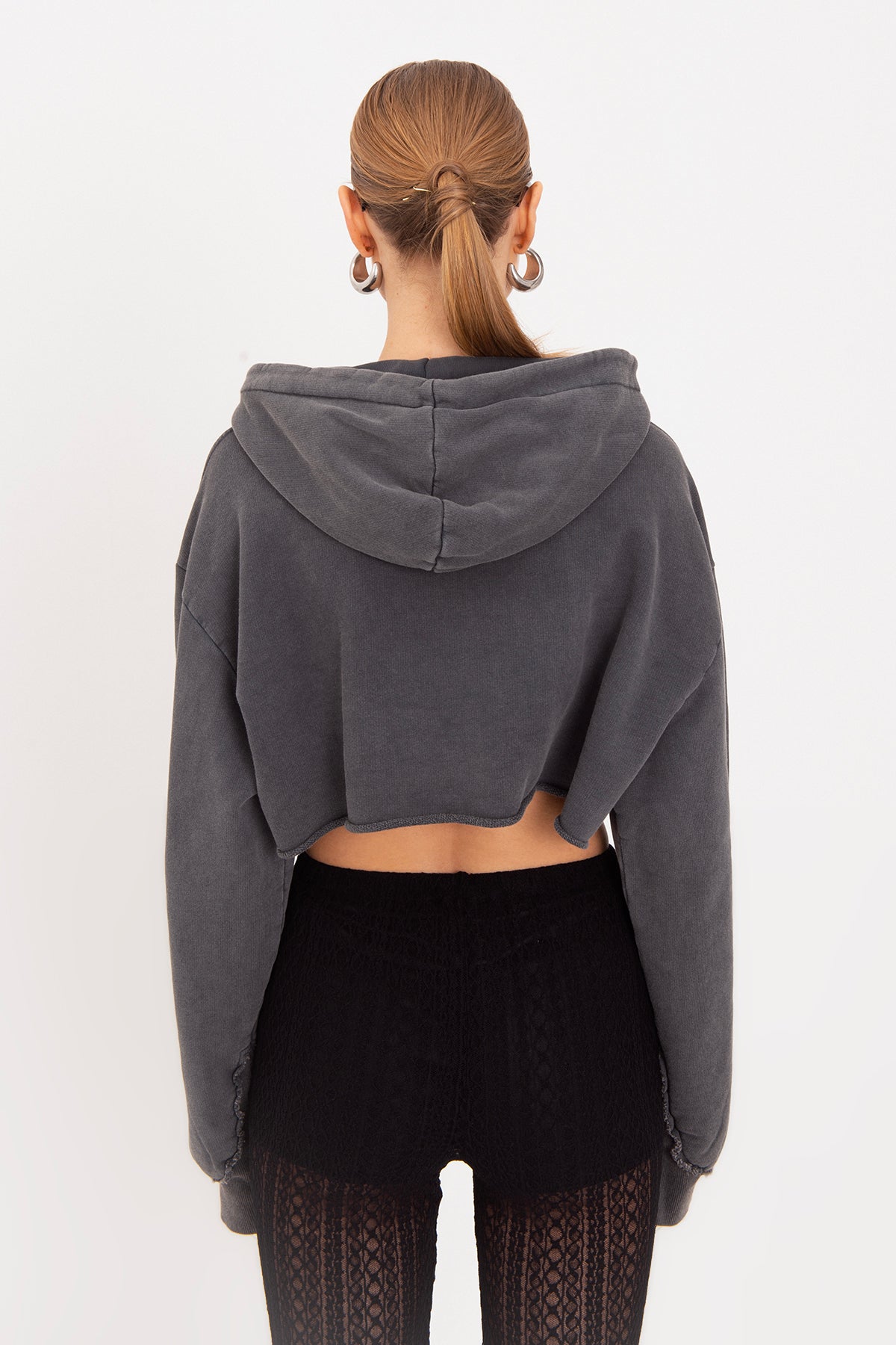 Kapişonlu Baskılı Crop  Sweatshirt