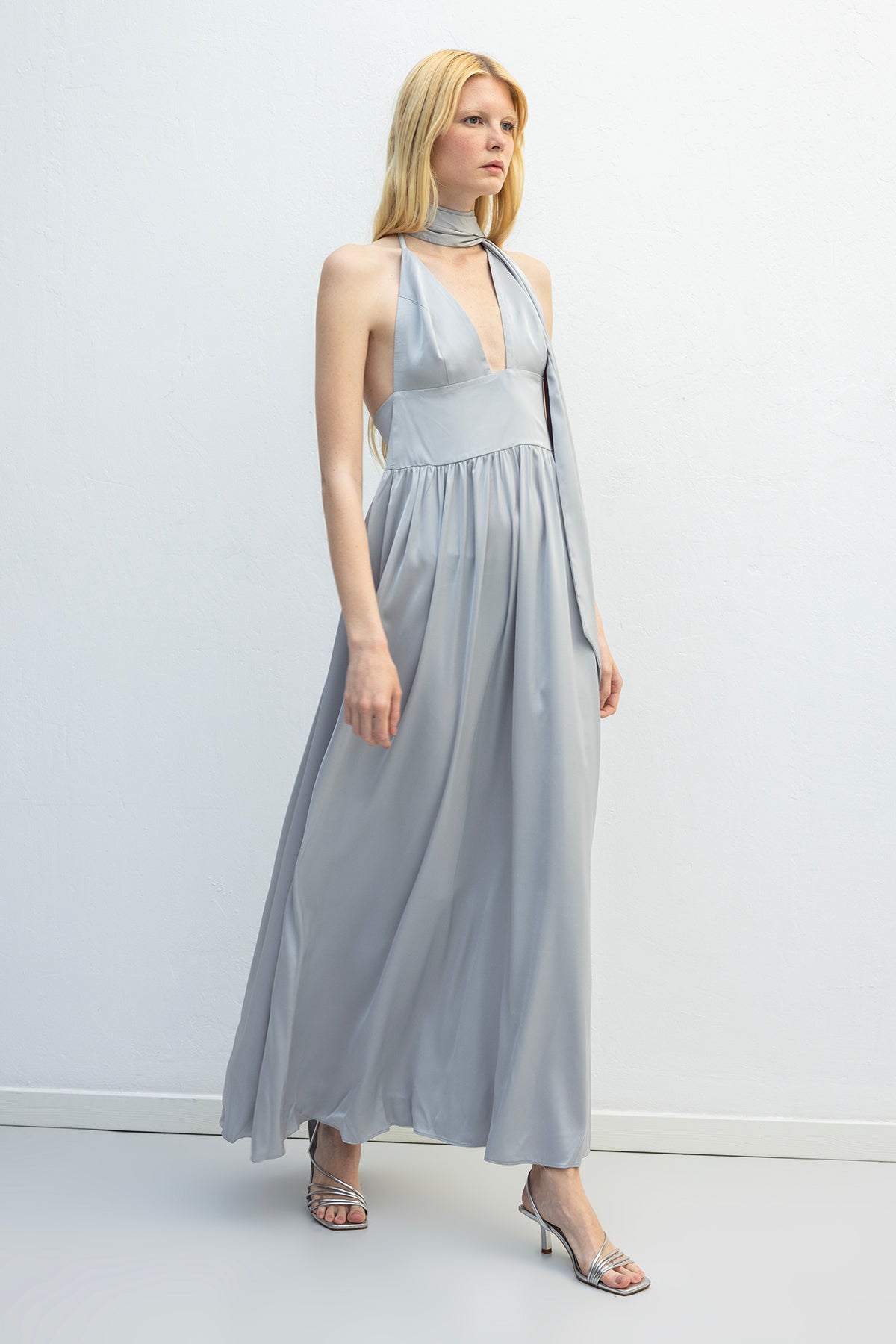 Sleeveless Maxi Satin Dress with Scarf Detail