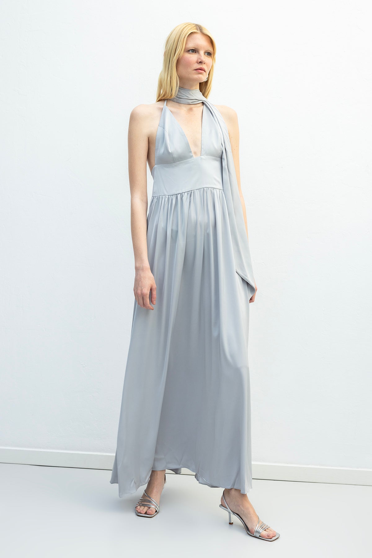 Sleeveless Maxi Satin Dress with Scarf Detail