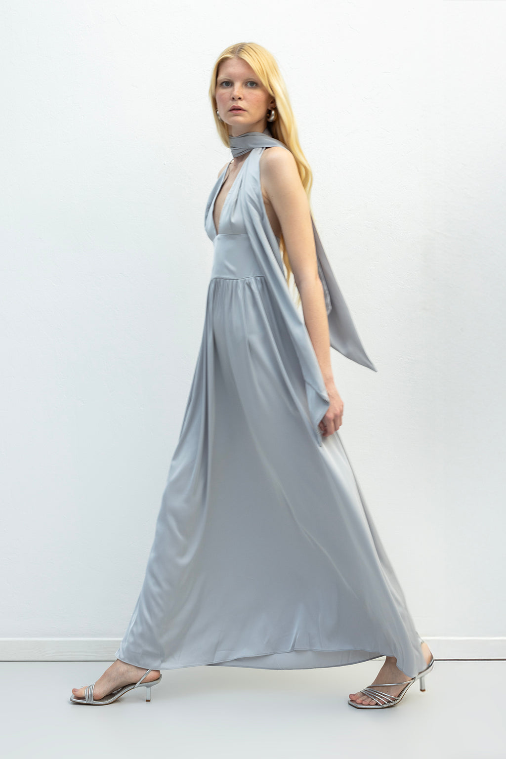 Sleeveless Maxi Satin Dress with Scarf Detail