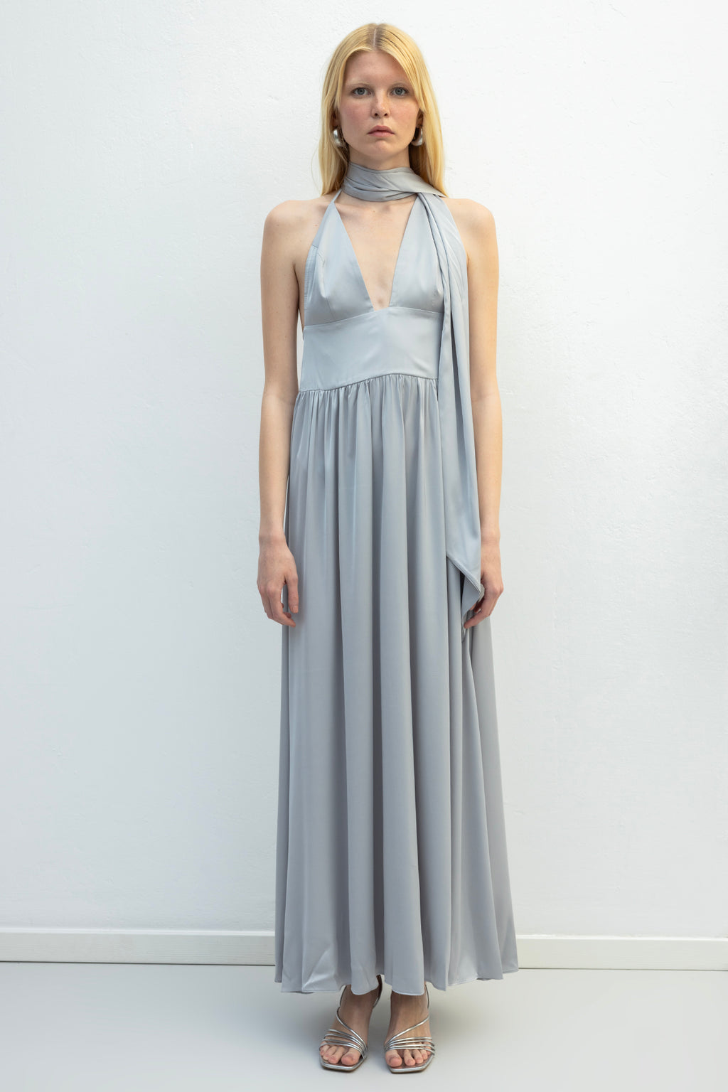 Sleeveless Maxi Satin Dress with Scarf Detail