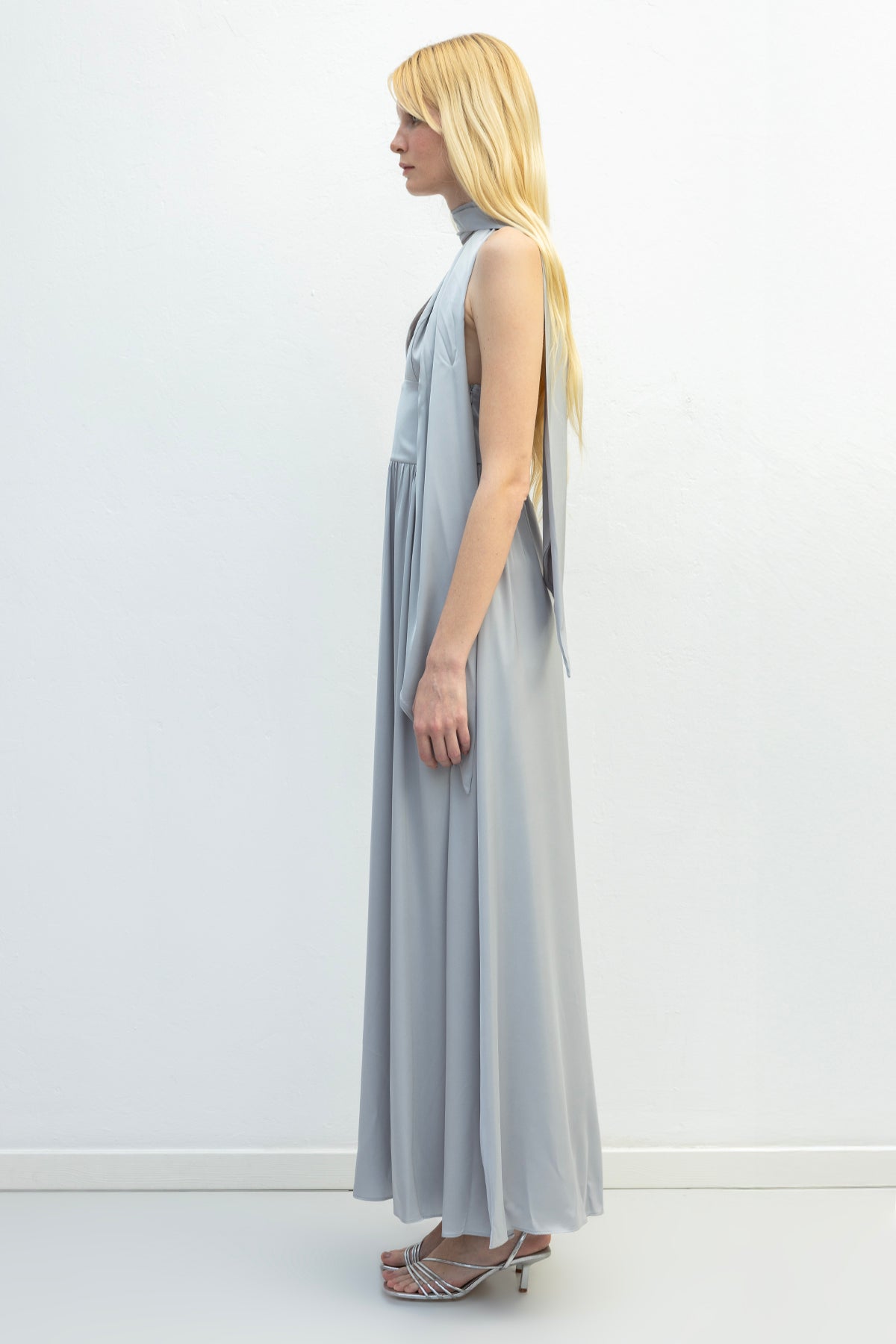 Sleeveless Maxi Satin Dress with Scarf Detail