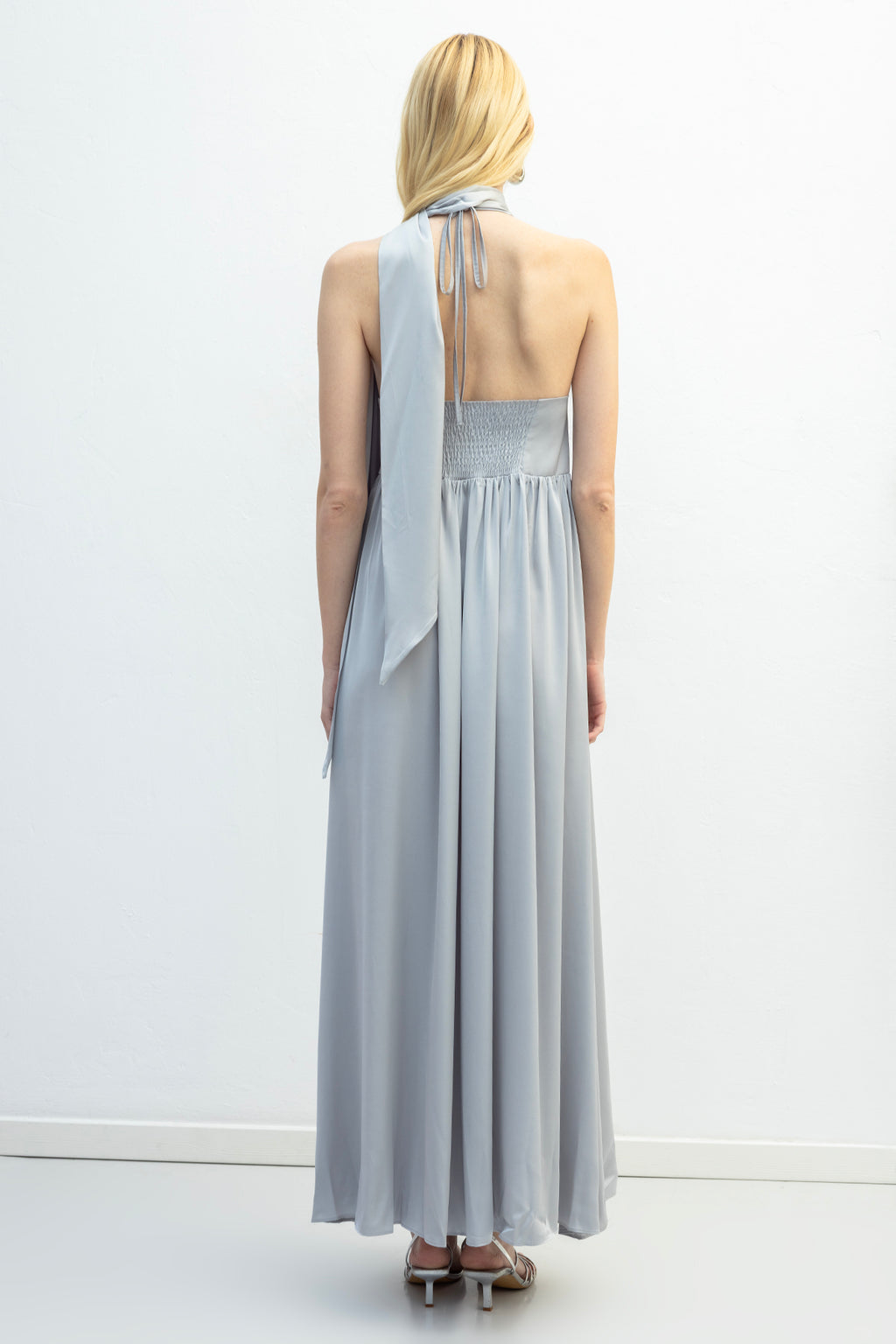 Sleeveless Maxi Satin Dress with Scarf Detail