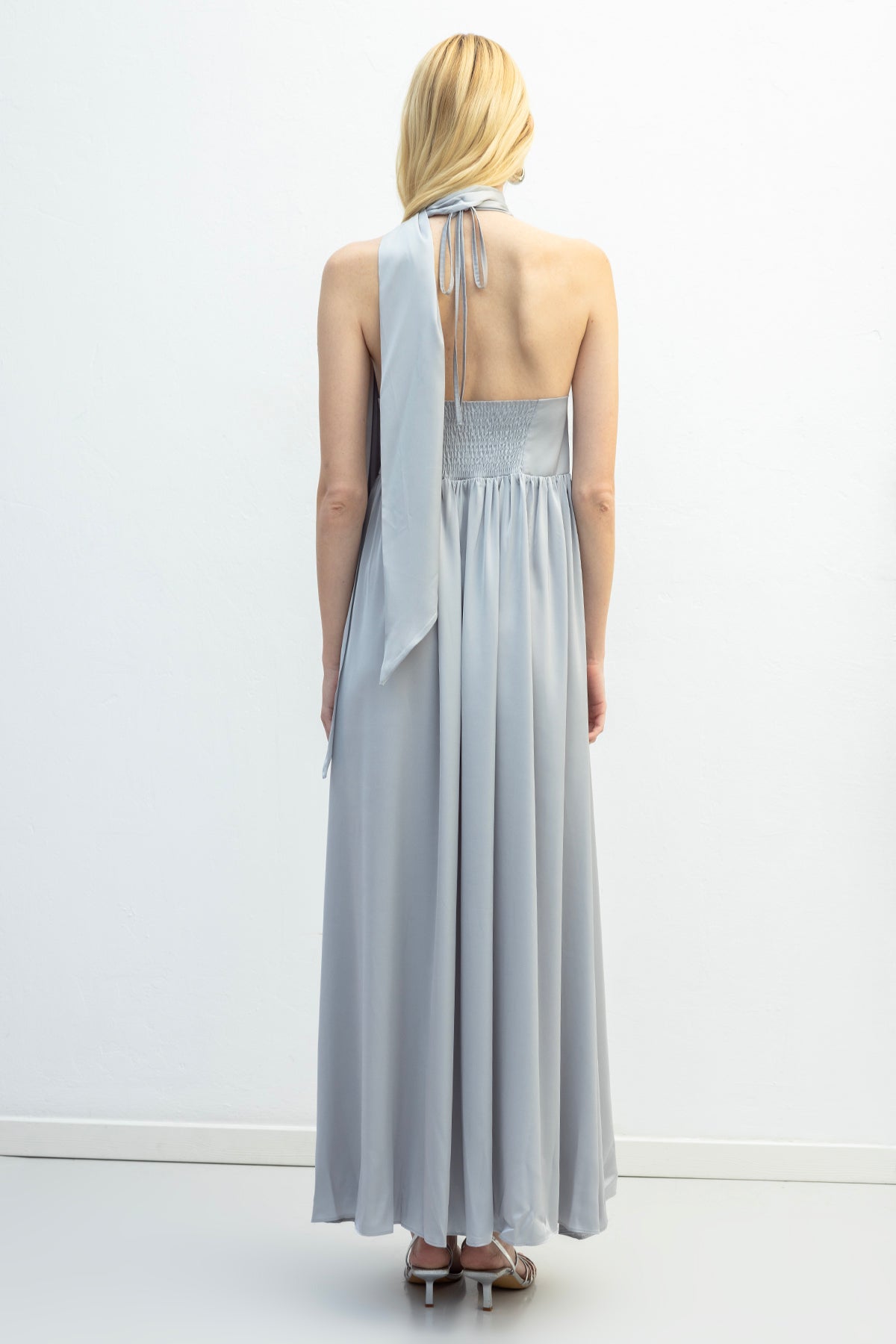 Sleeveless Maxi Satin Dress with Scarf Detail