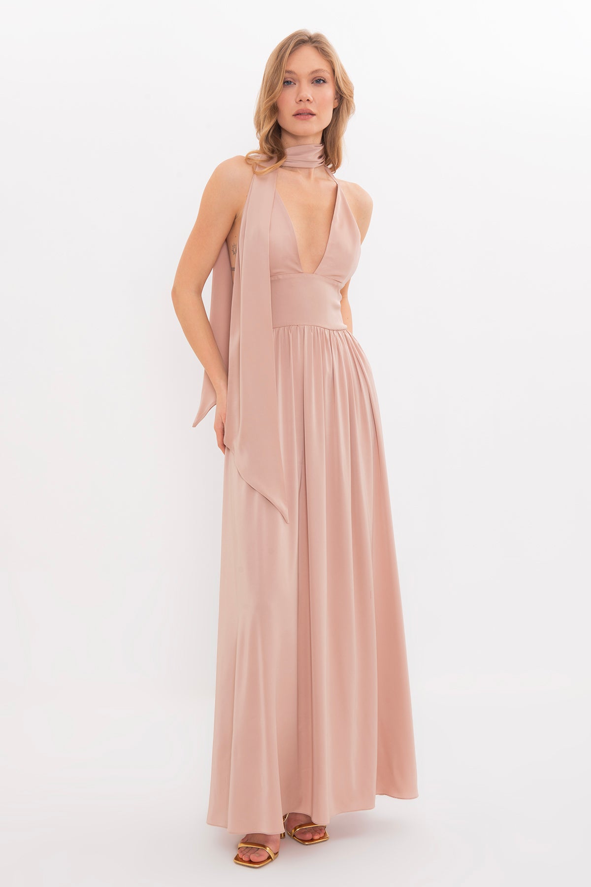 Sleeveless Maxi Satin Dress with Scarf Detail