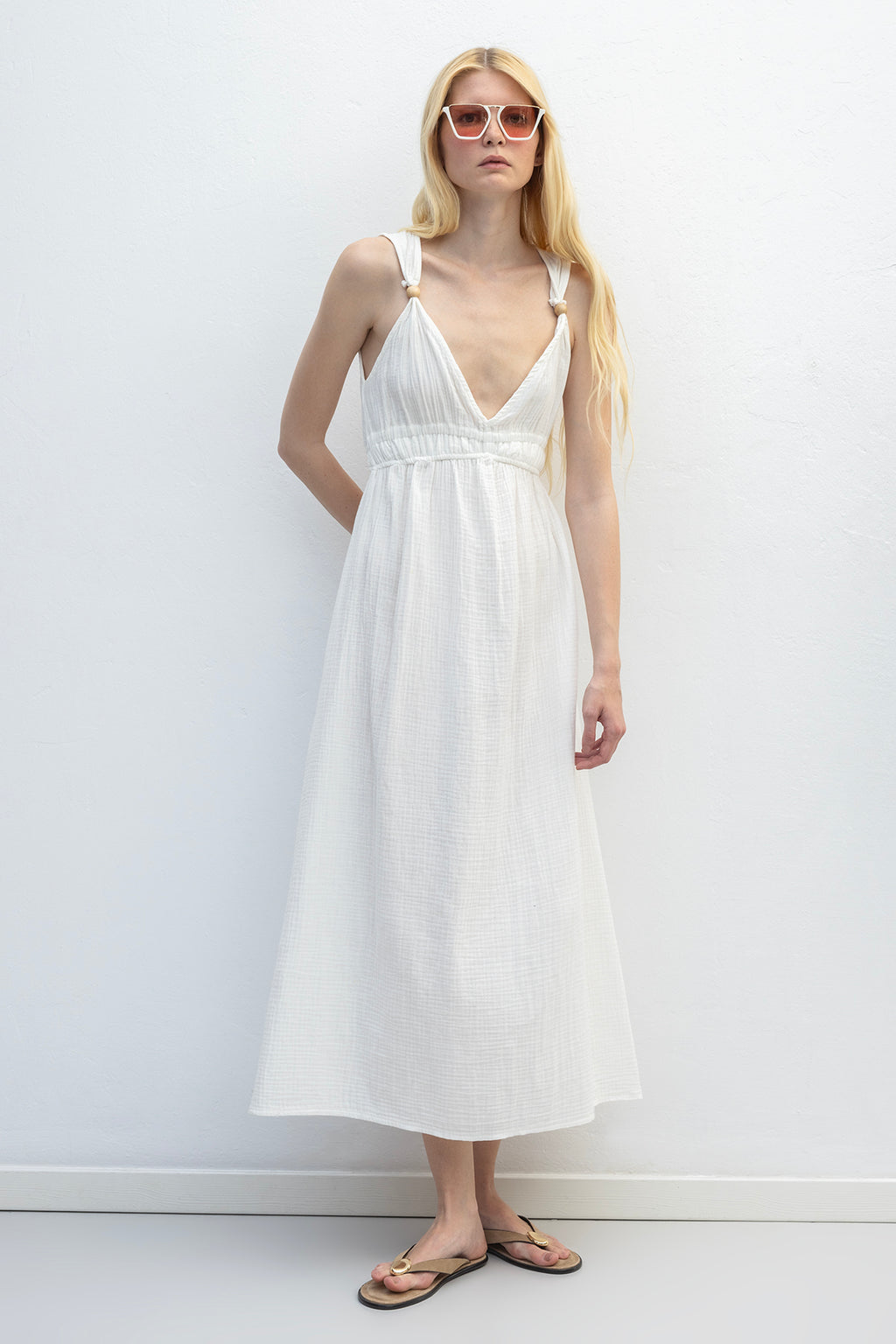 Askılı V Yaka Cotton Midi Elbise