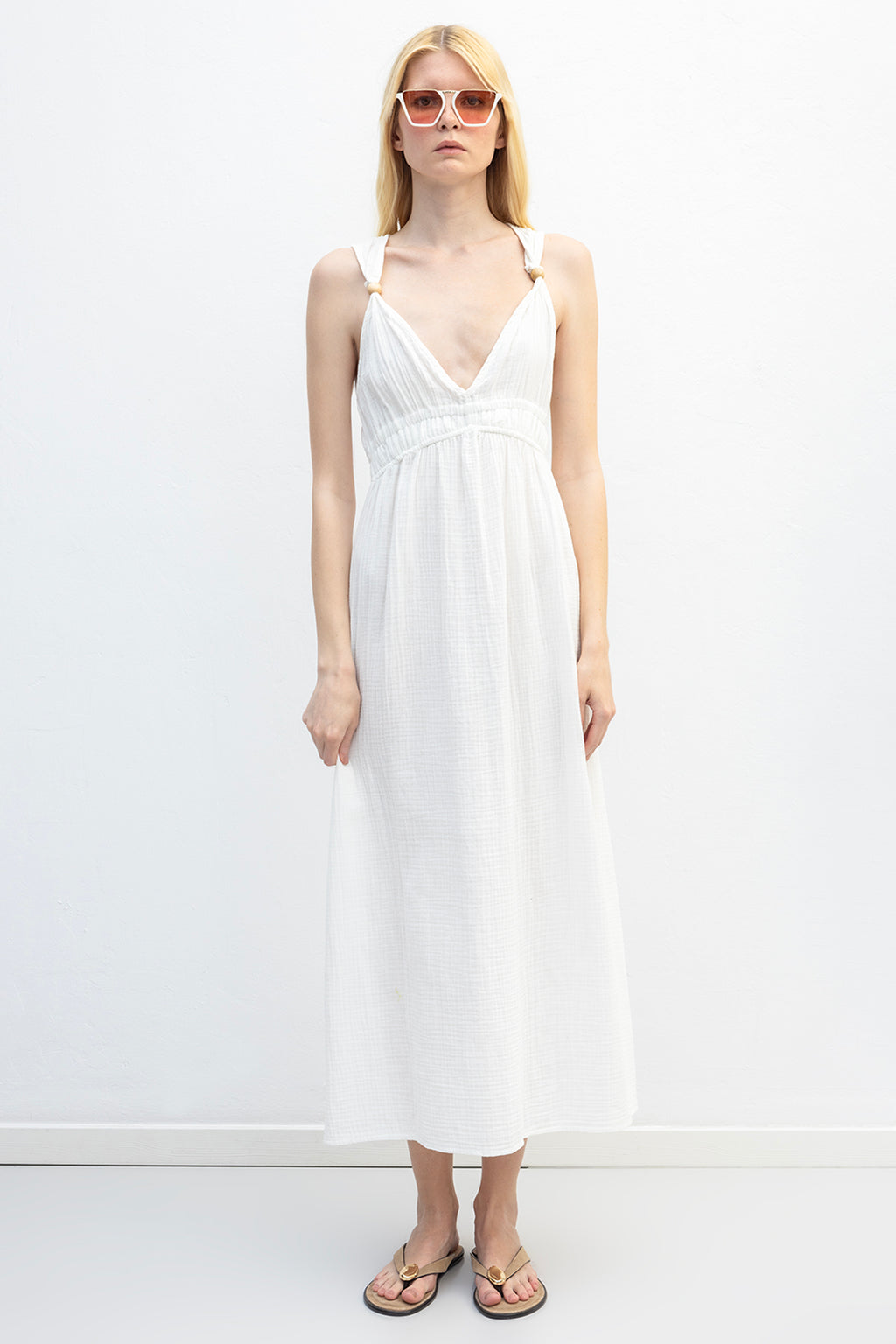 Askılı V Yaka Cotton Midi Elbise
