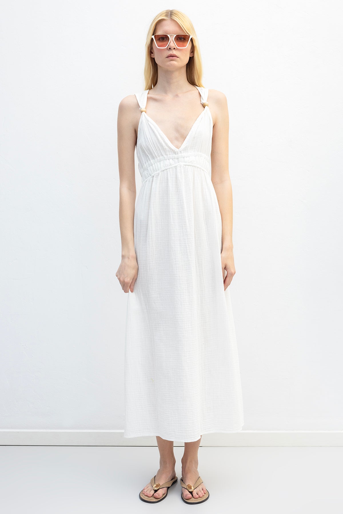 Askılı V Yaka Cotton Midi Elbise