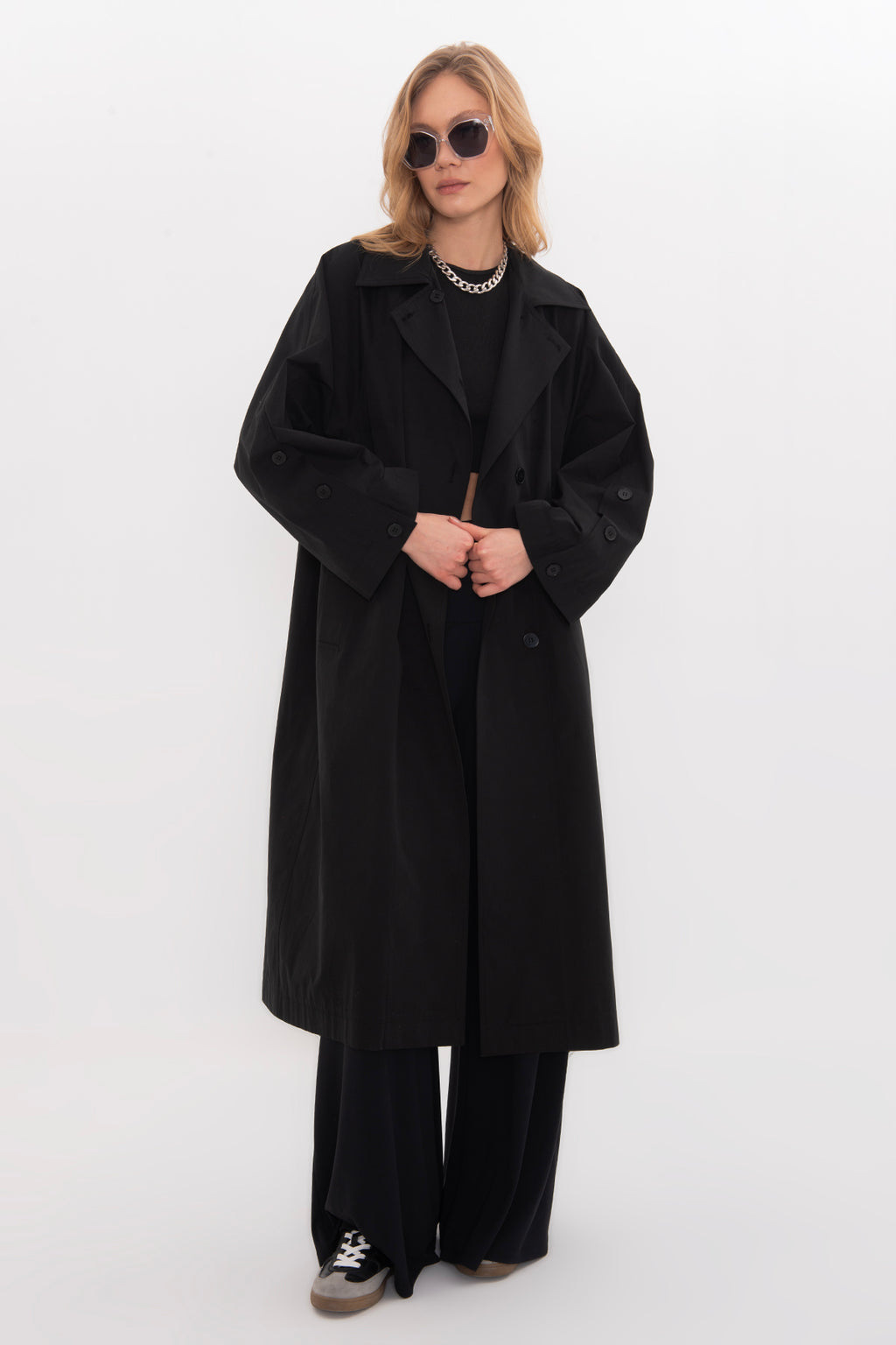 Oversize Unlined Trench Coat with Button Details