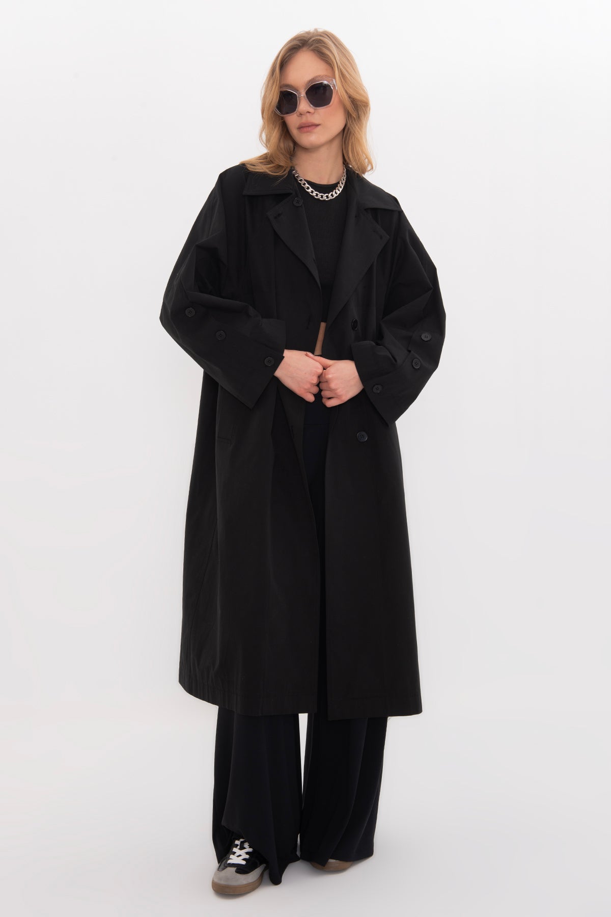 Oversize Düğme Detaylı Astarsız Trençkot