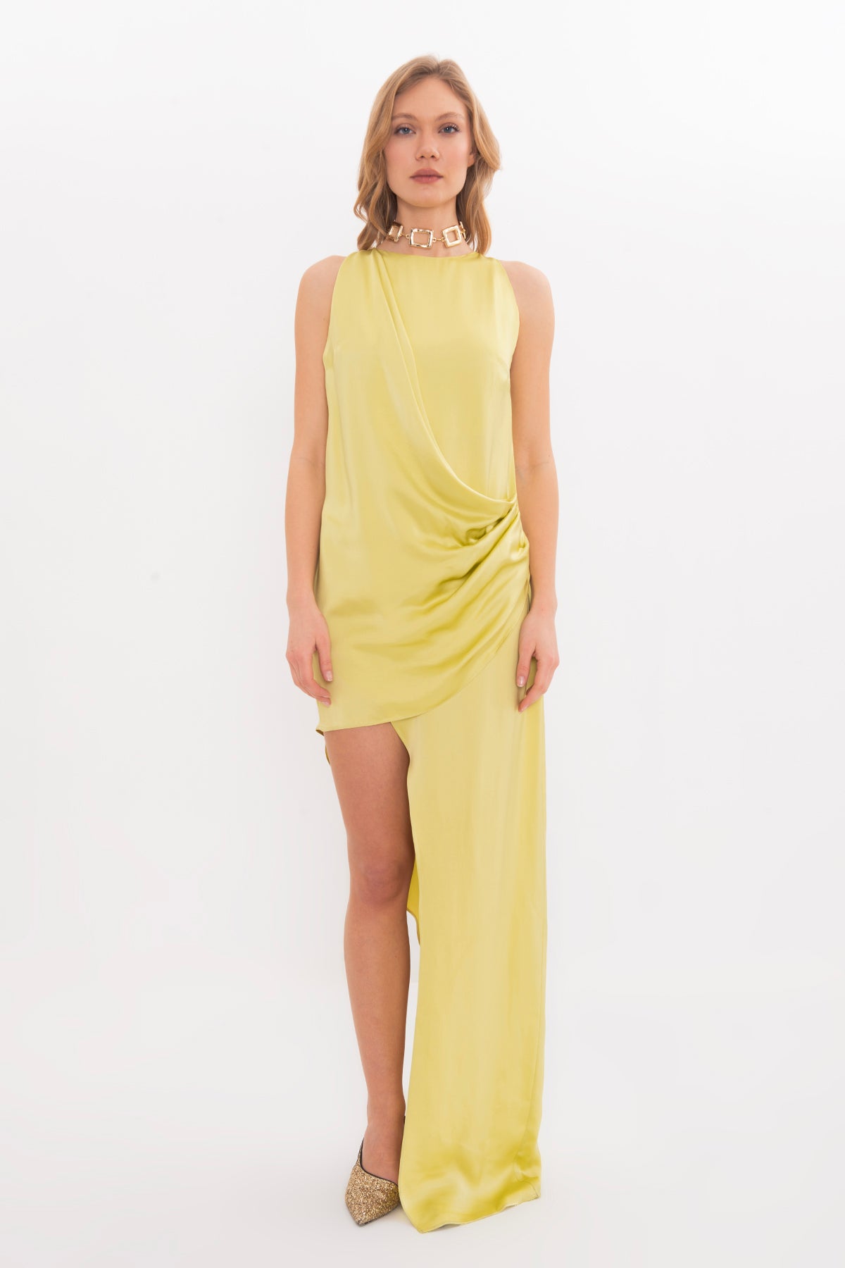 Satin Dress with Asymmetrical Hem Detail