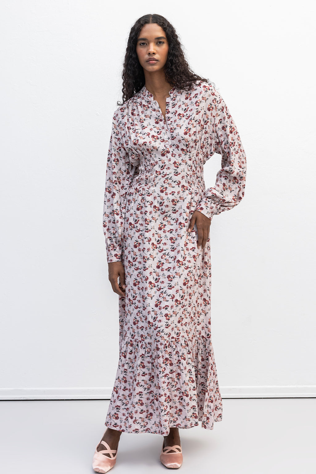 Half-Sleeve Ruffled Midi Dress