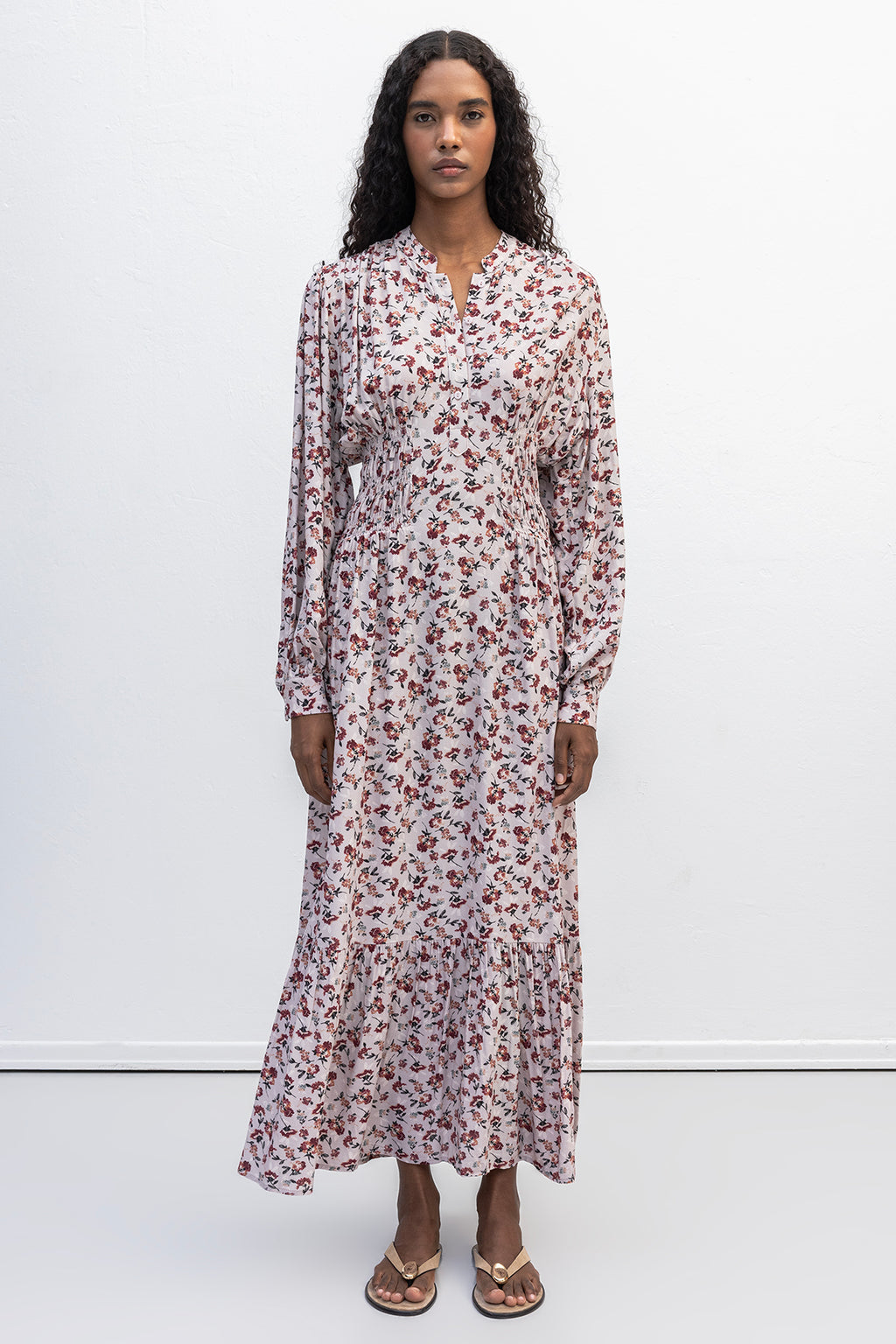 Half-Sleeve Ruffled Midi Dress