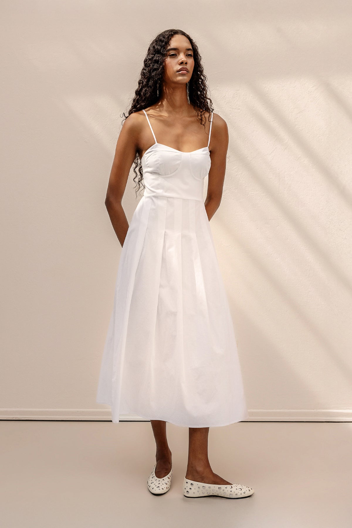 Askılı Pile Detaylı Midi Cotton Elbise