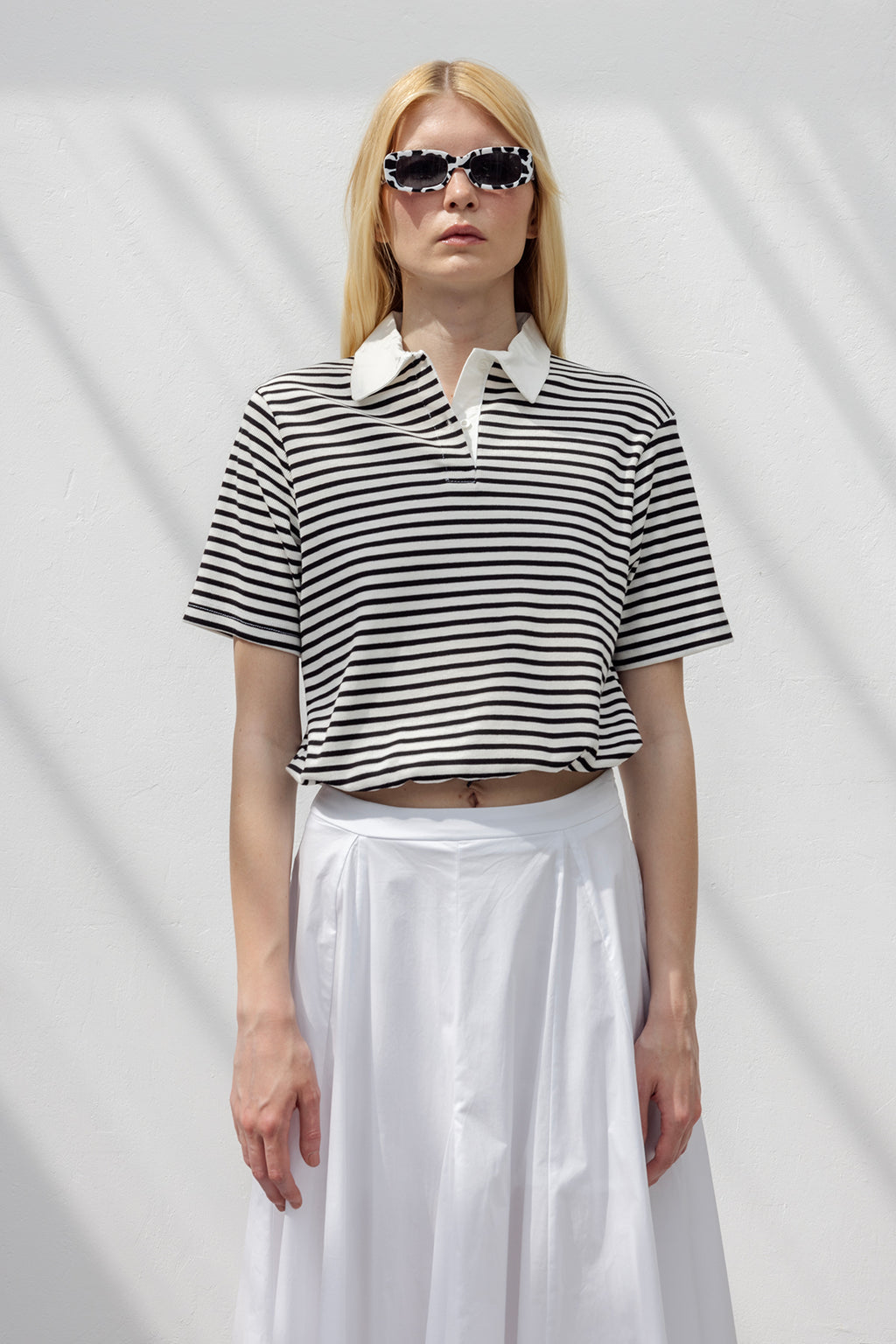 Polo Neck Striped Balloon T-shirt