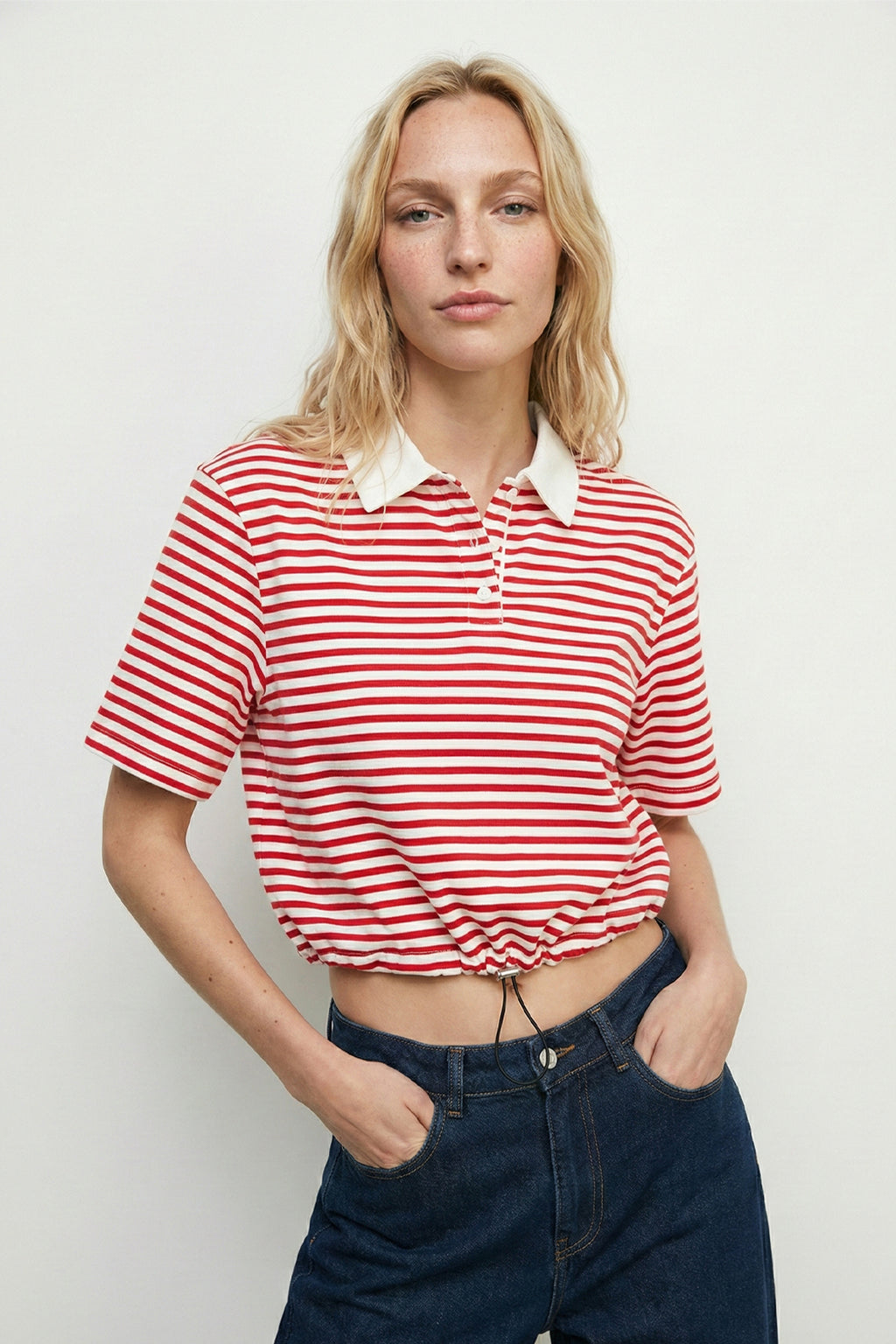 Polo Neck Striped Balloon T-shirt