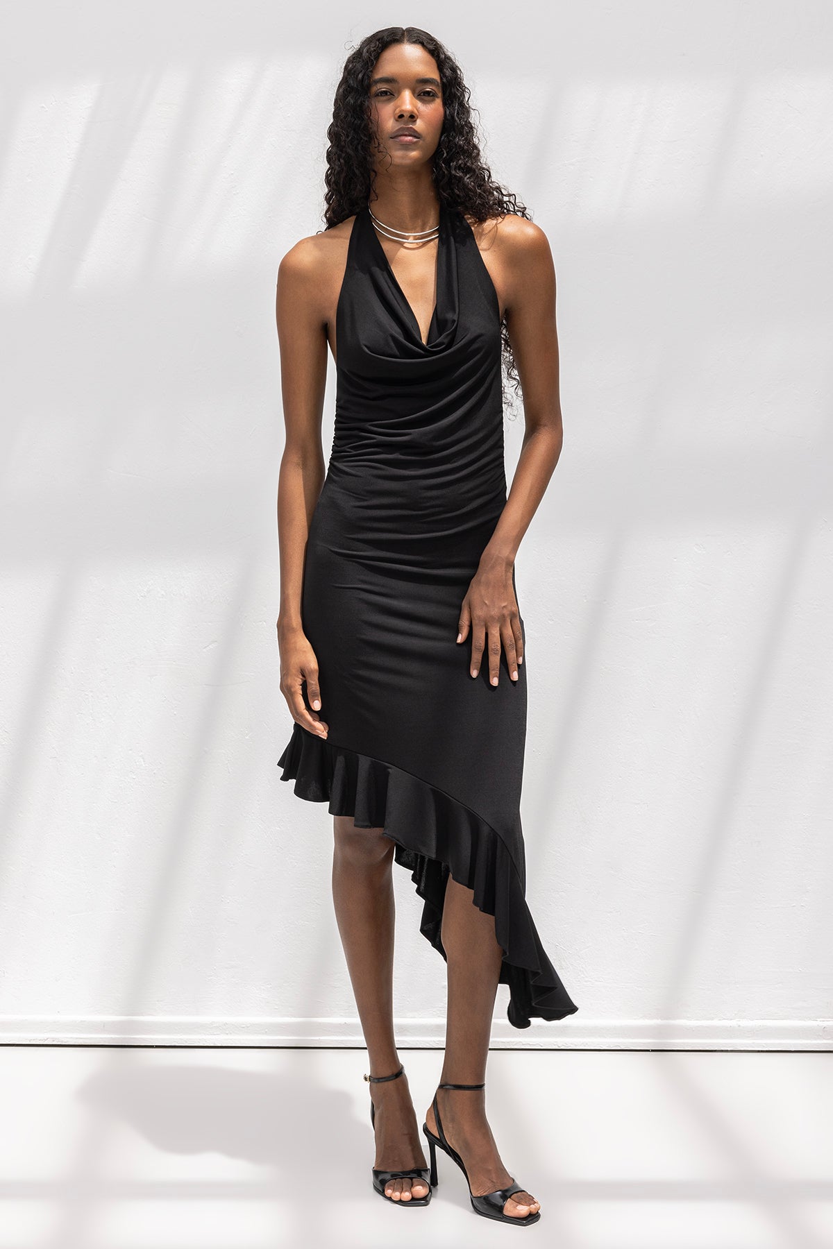 Cowl Neck Asymmetrical Hem Midi Dress