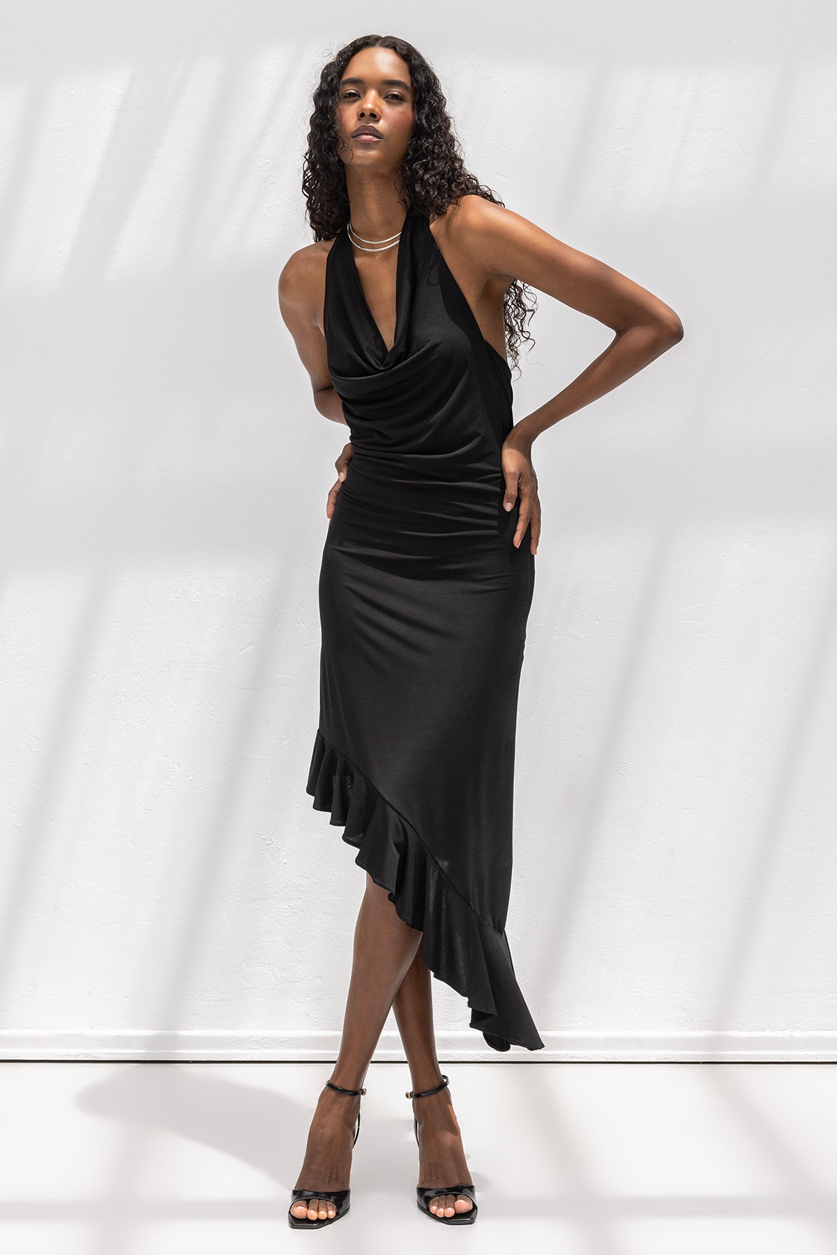 Cowl Neck Asymmetrical Hem Midi Dress