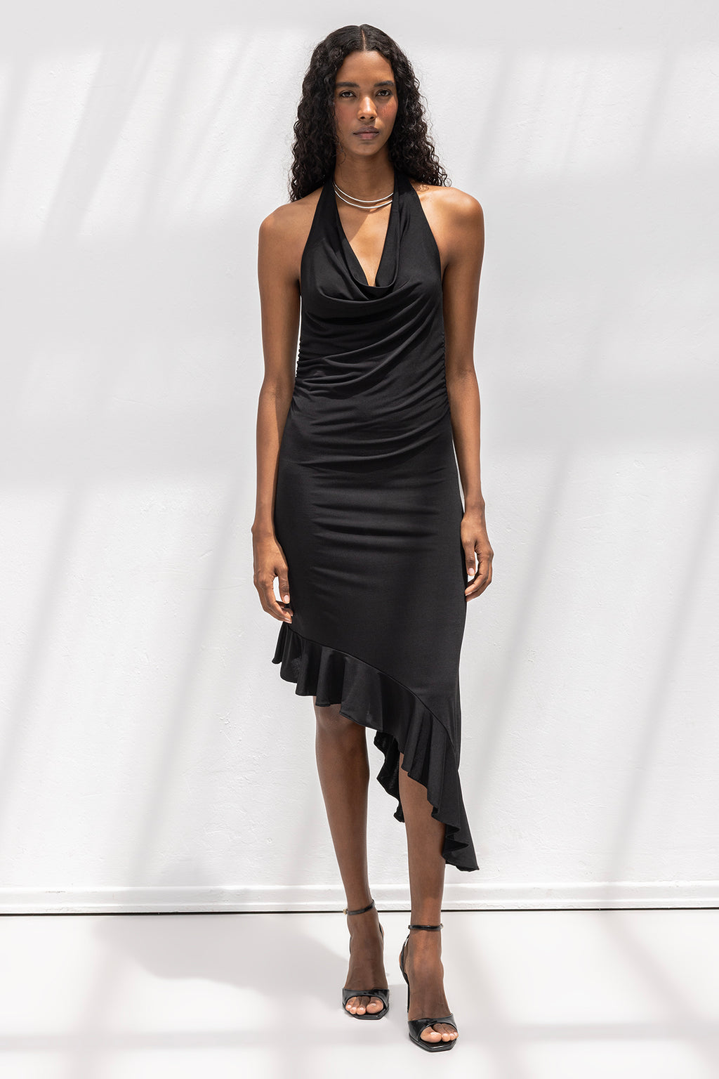Cowl Neck Asymmetrical Hem Midi Dress