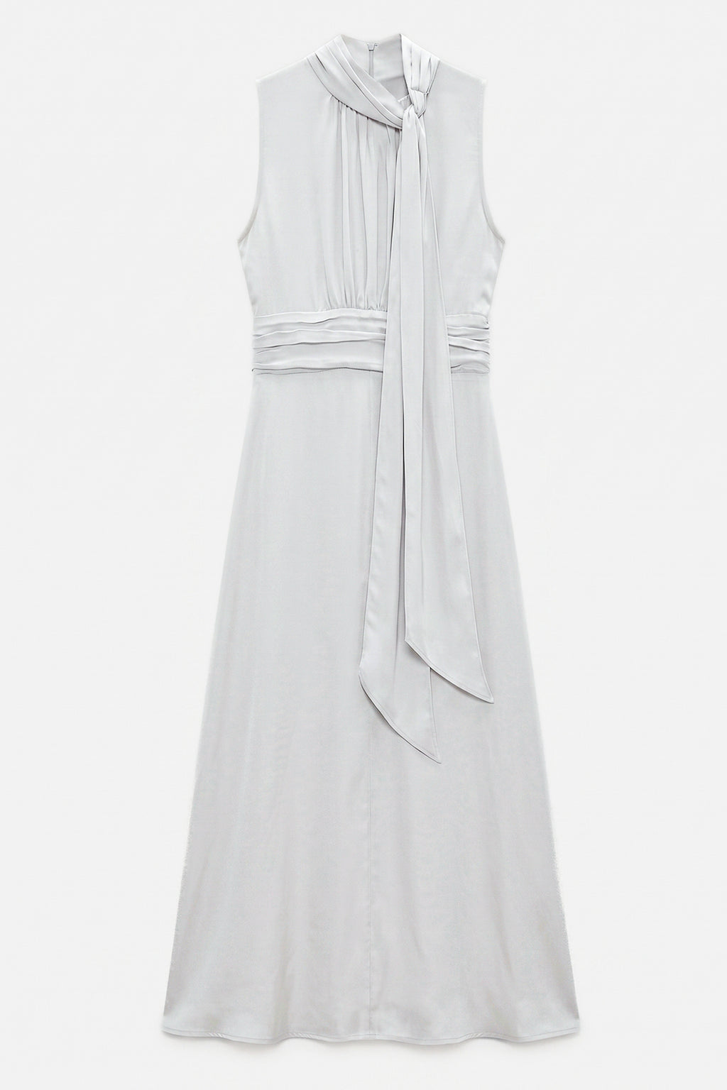 Satin Midi Dress with Stand Collar and Scarf on the Shoulder