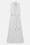 Satin Midi Dress with Stand Collar and Scarf on the Shoulder