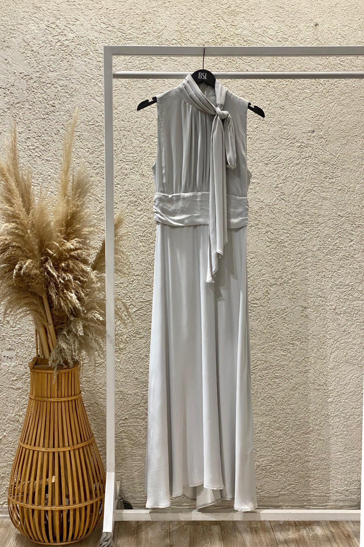 High Neck Satin Midi Dress with Shoulder Scarf