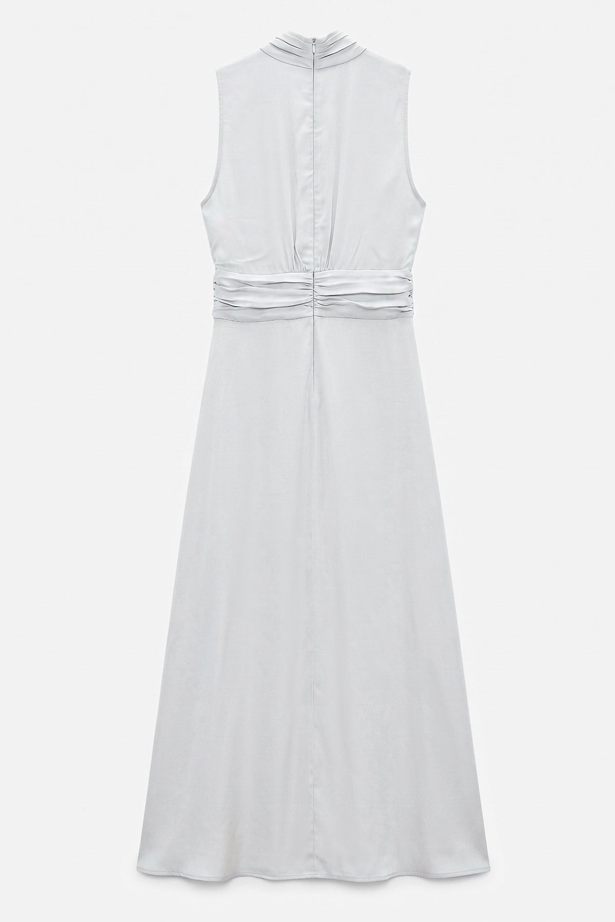Satin Midi Dress with Stand Collar and Scarf on the Shoulder