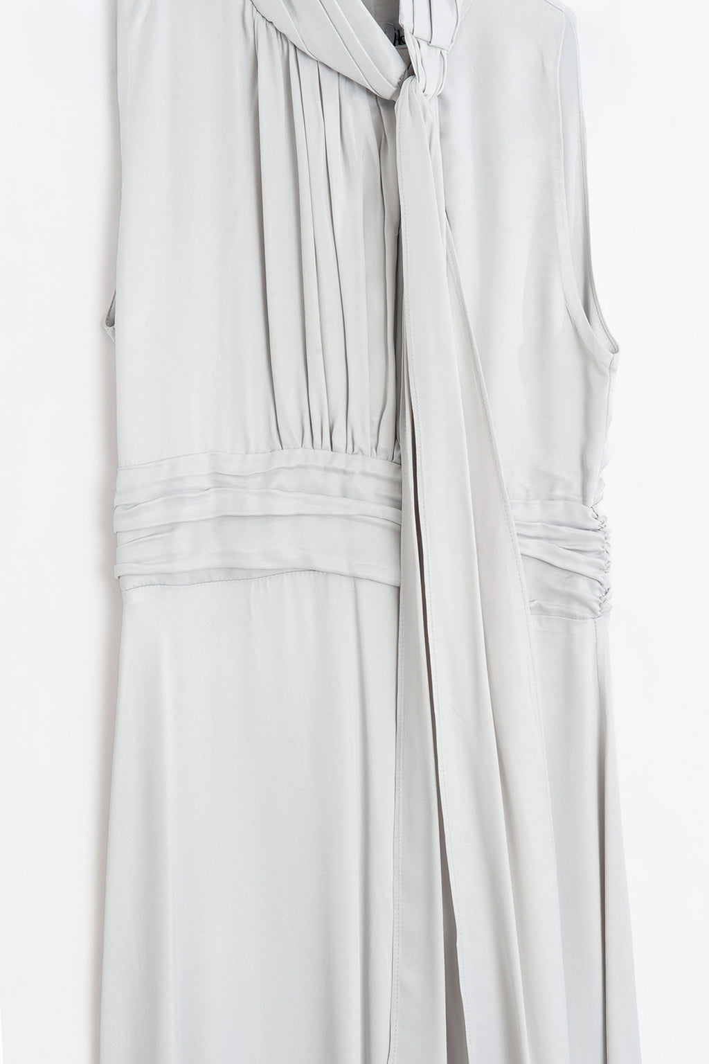 Satin Midi Dress with Stand Collar and Scarf on the Shoulder