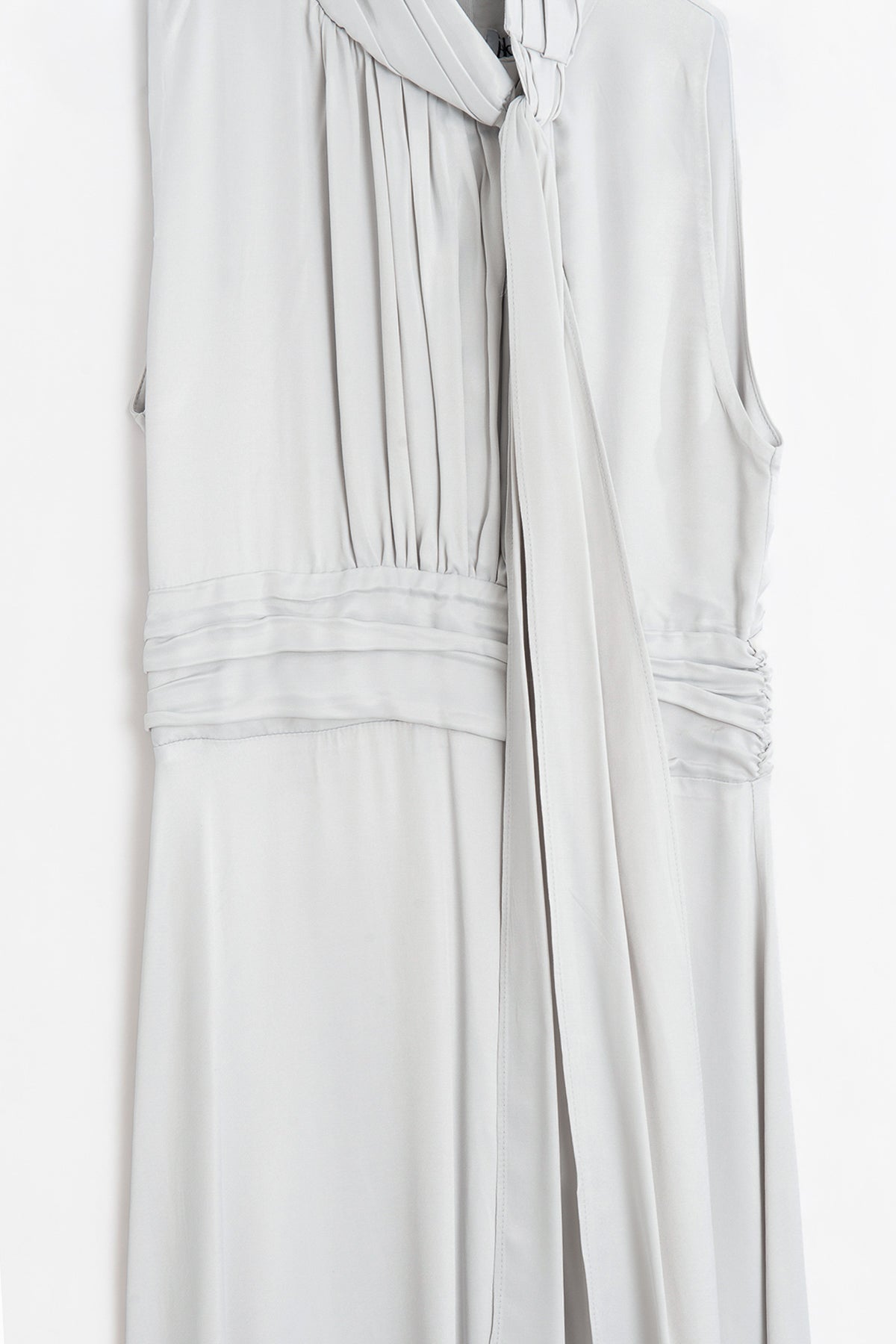 Satin Midi Dress with Stand Collar and Scarf on the Shoulder