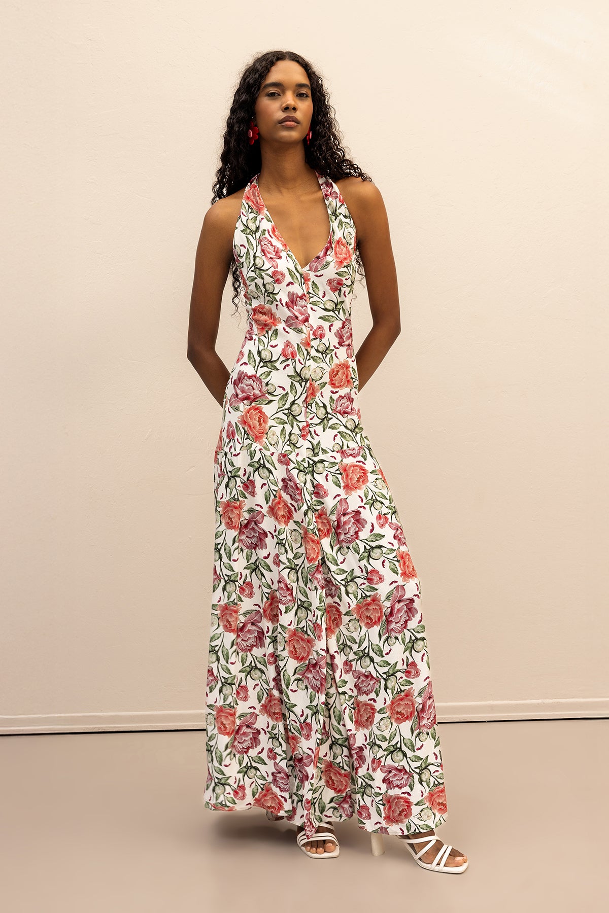 Halter  Yakalı  Desenli Midi Elbise