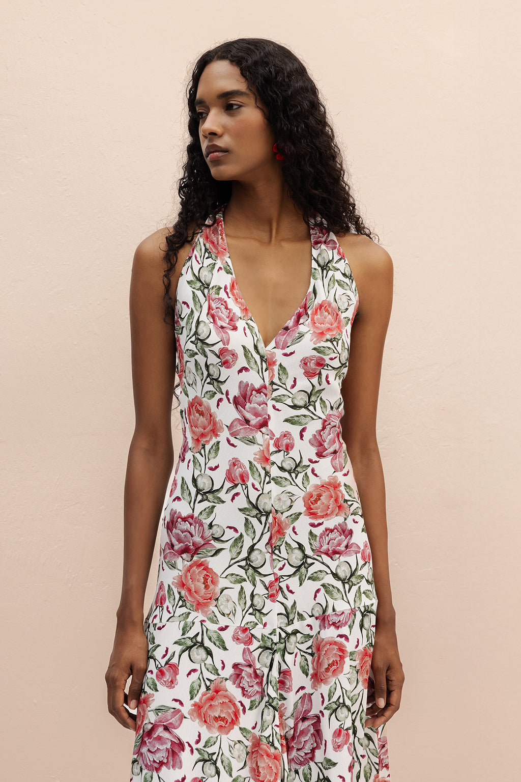 Halter  Yakalı  Desenli Midi Elbise