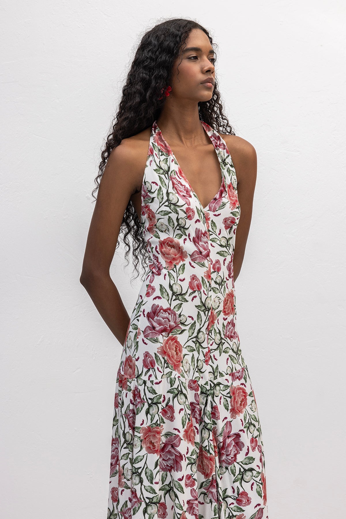 Halter  Yakalı  Desenli Midi Elbise