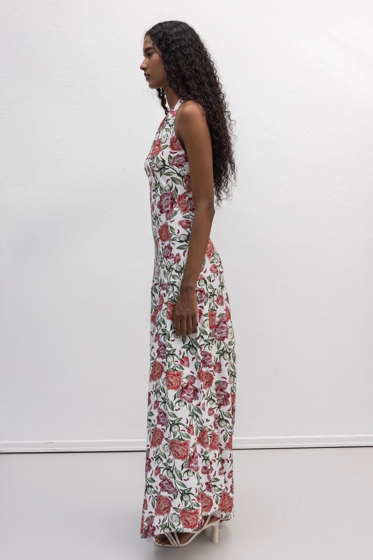 Halter  Yakalı  Desenli Midi Elbise