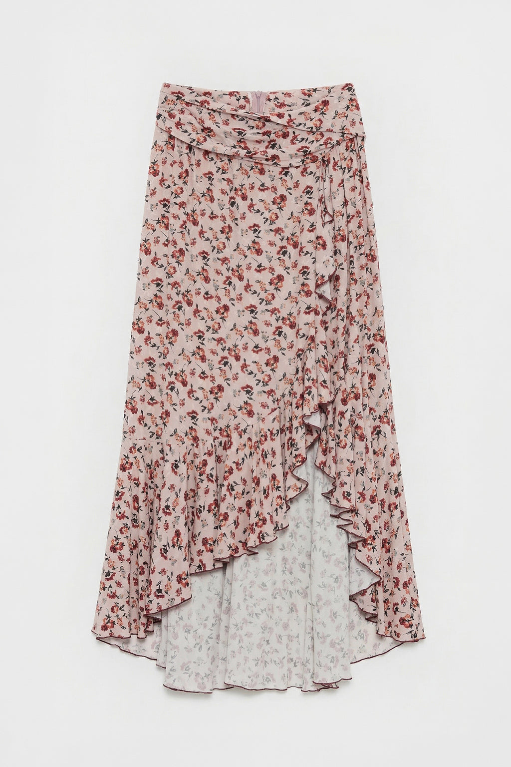 Linen Blend Ruffle Asymmetrical Midi Skirt