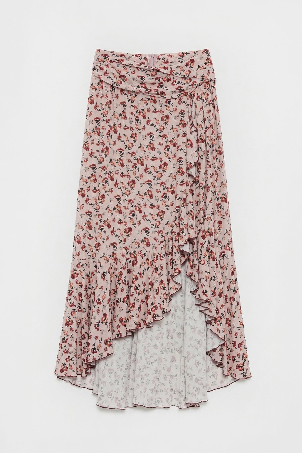 Linen Blend Ruffle Asymmetrical Midi Skirt