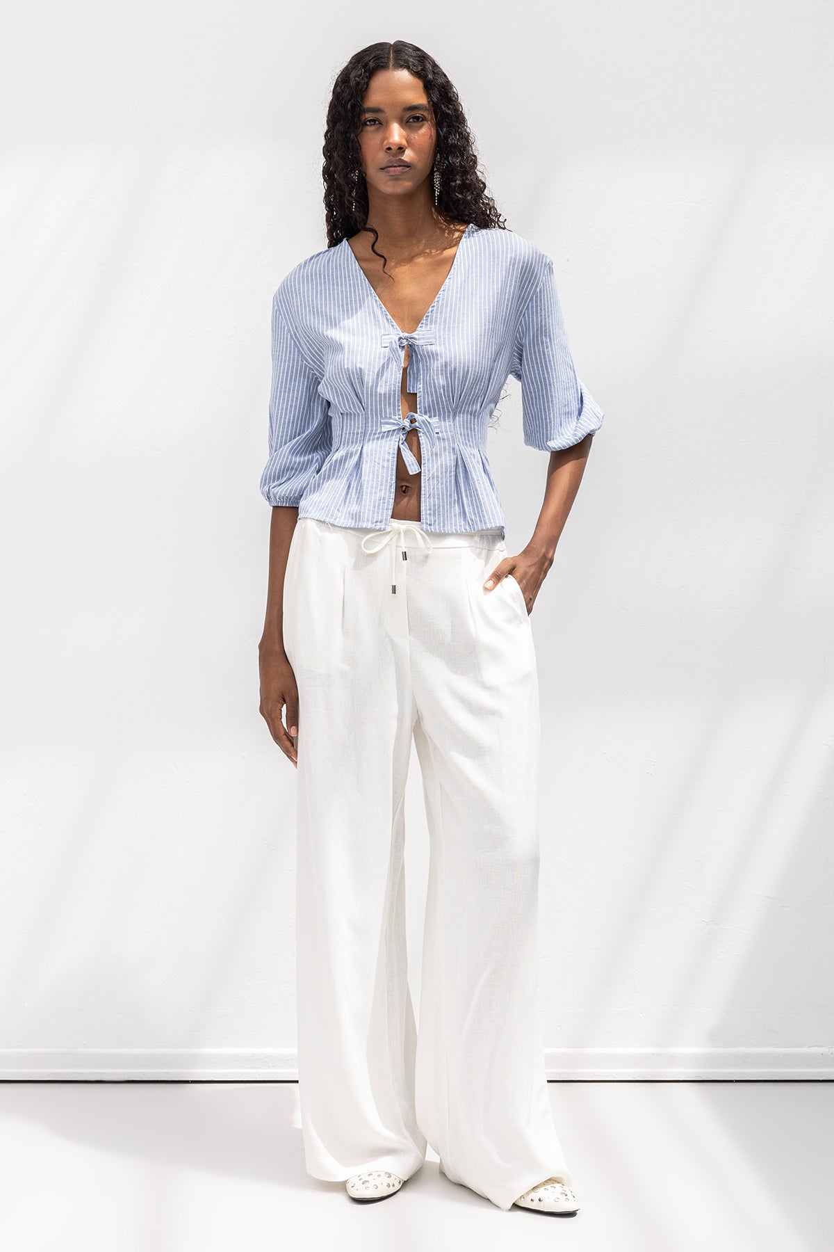 Linen Blend Belted Wide Leg Trousers