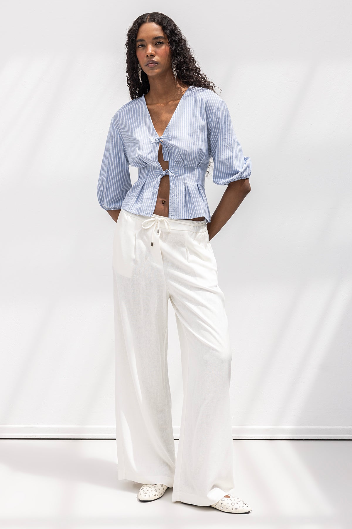 Linen Blend Belted Wide Leg Trousers