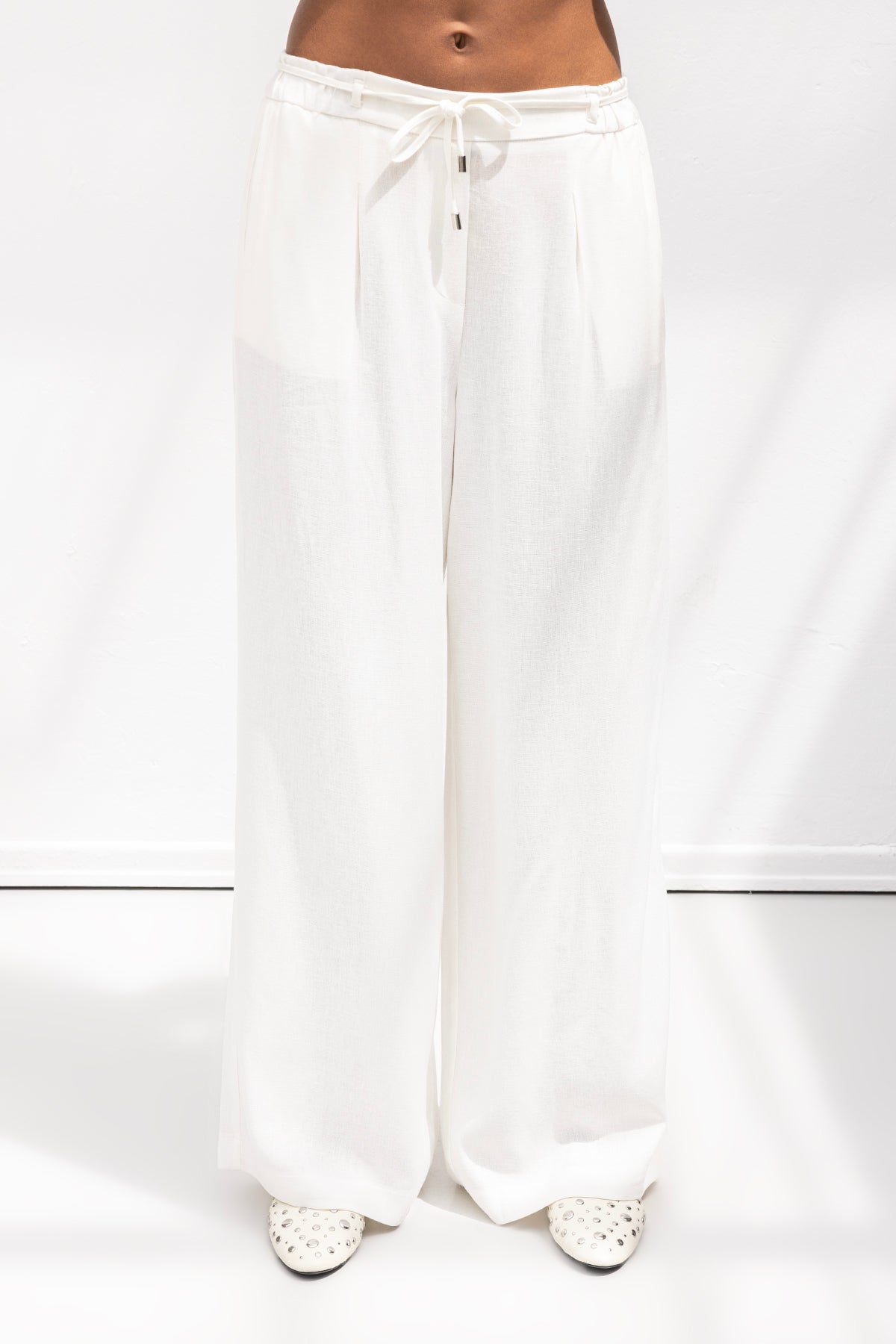 Linen Blend Belted Wide Leg Trousers