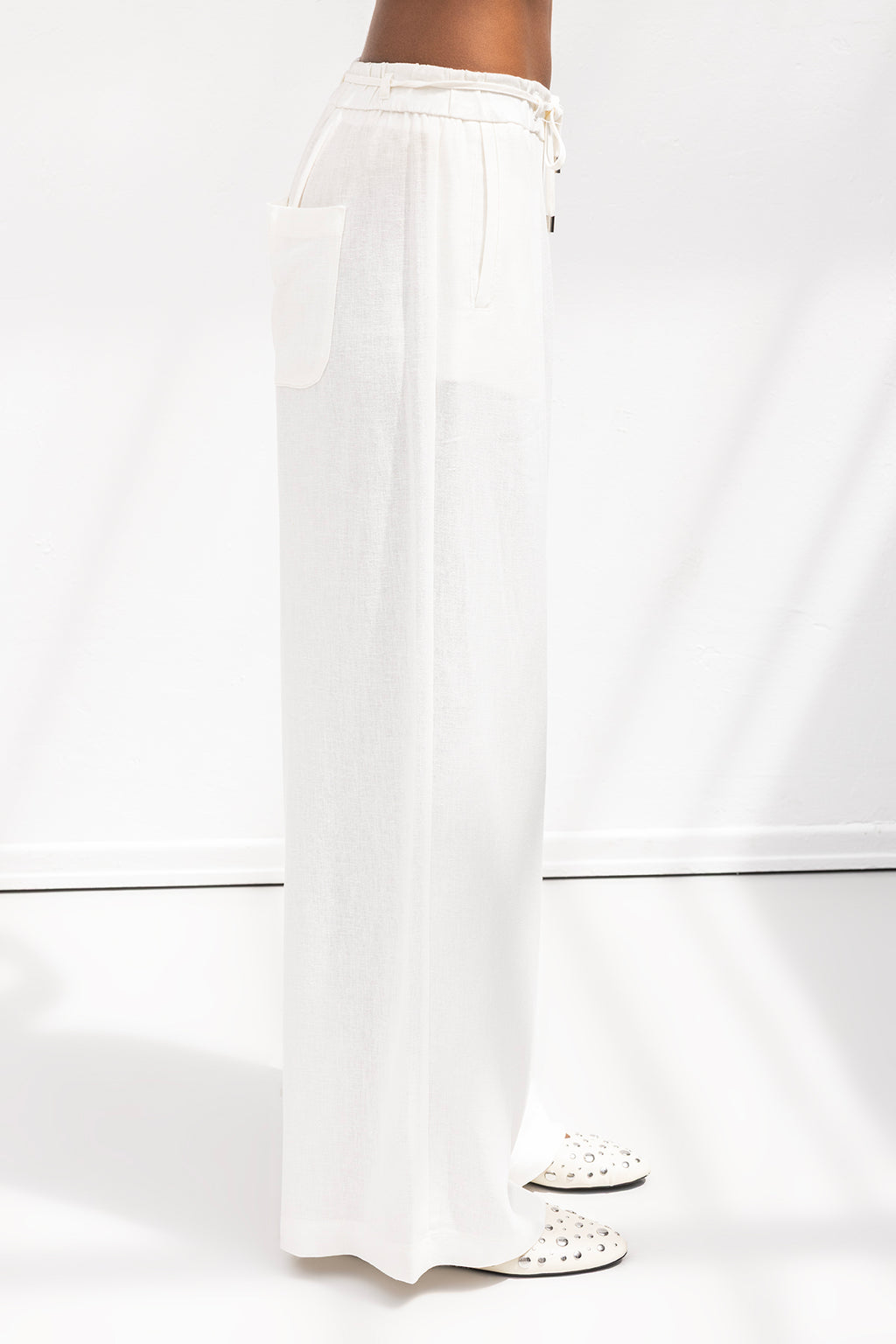 Linen Blend Belted Wide Leg Trousers