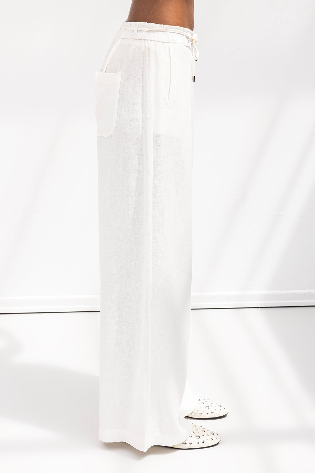 Linen Blend Belted Wide Leg Trousers
